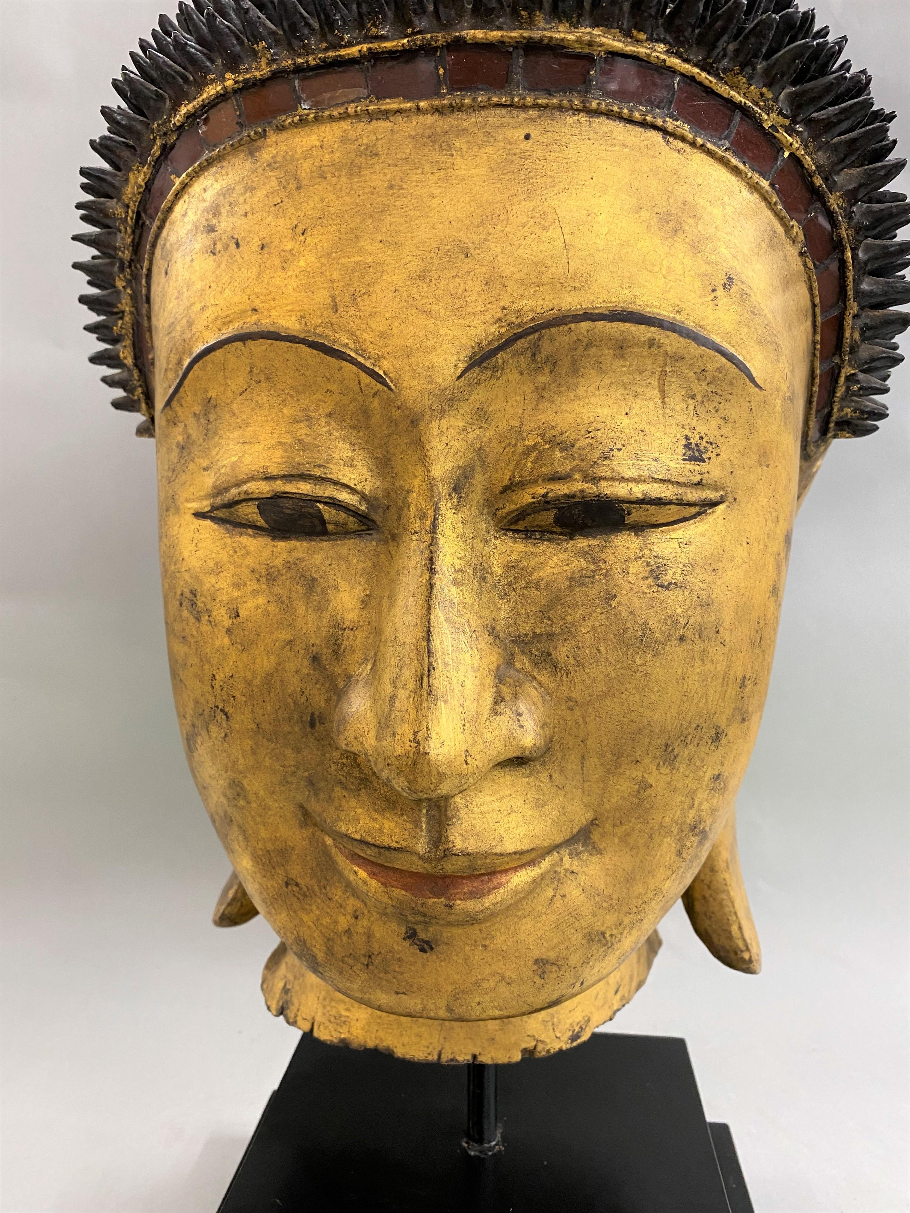20th Century Hand Carved Polychrome & Gilt Oriental Shan Style Buddha Head