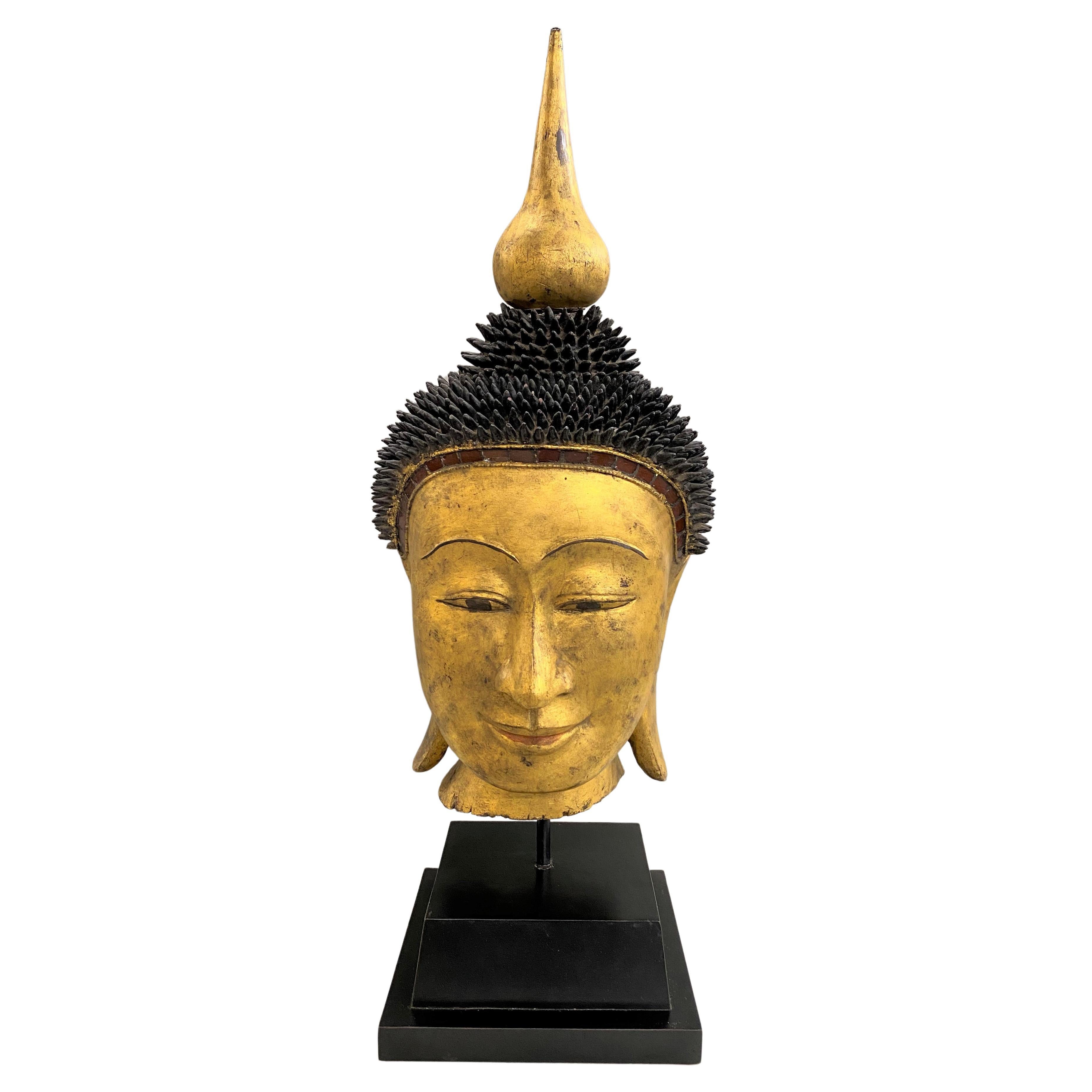 Hand Carved Polychrome & Gilt Oriental Shan Style Buddha Head