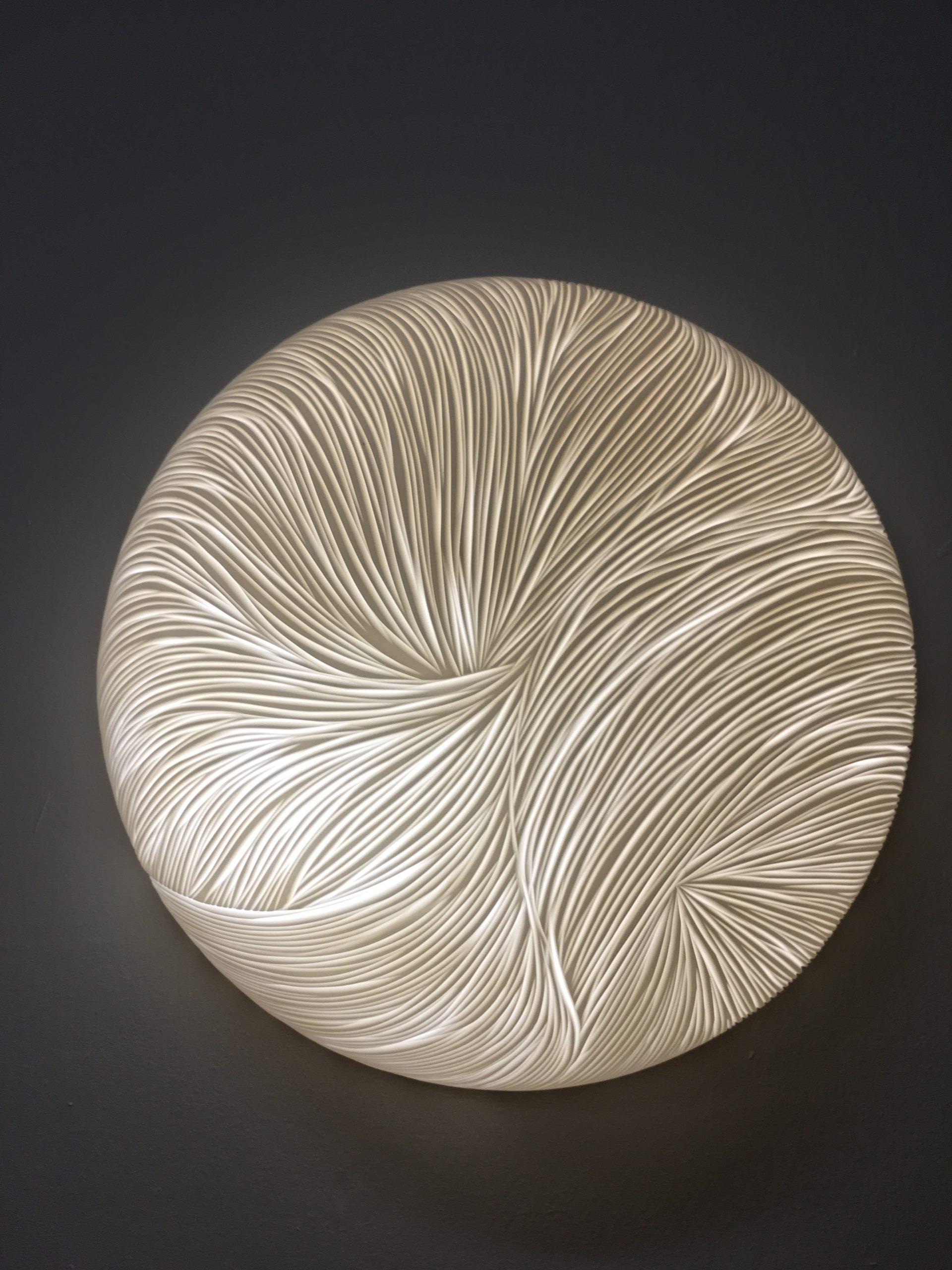 Contemporary Hand-carved porcelain and brass semi sphere wall sconce by Vezzini & Chen For Sale