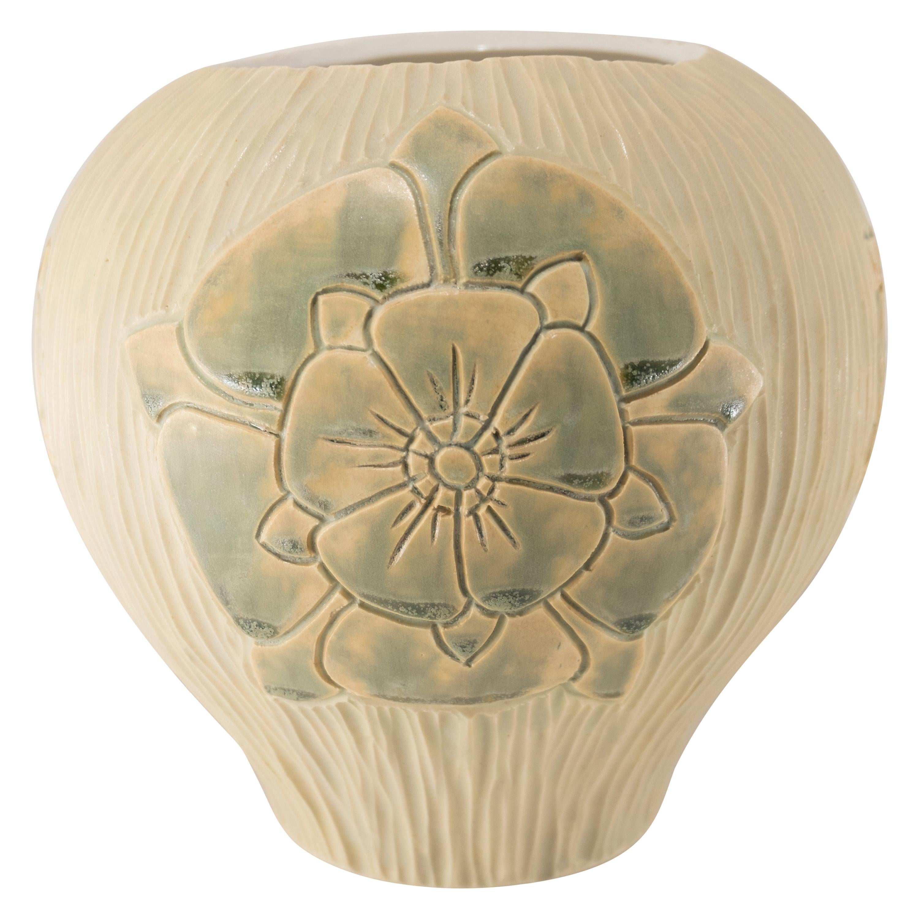 Hand Carved Porcelain "English Rose" Art Pottery Vase For Sale