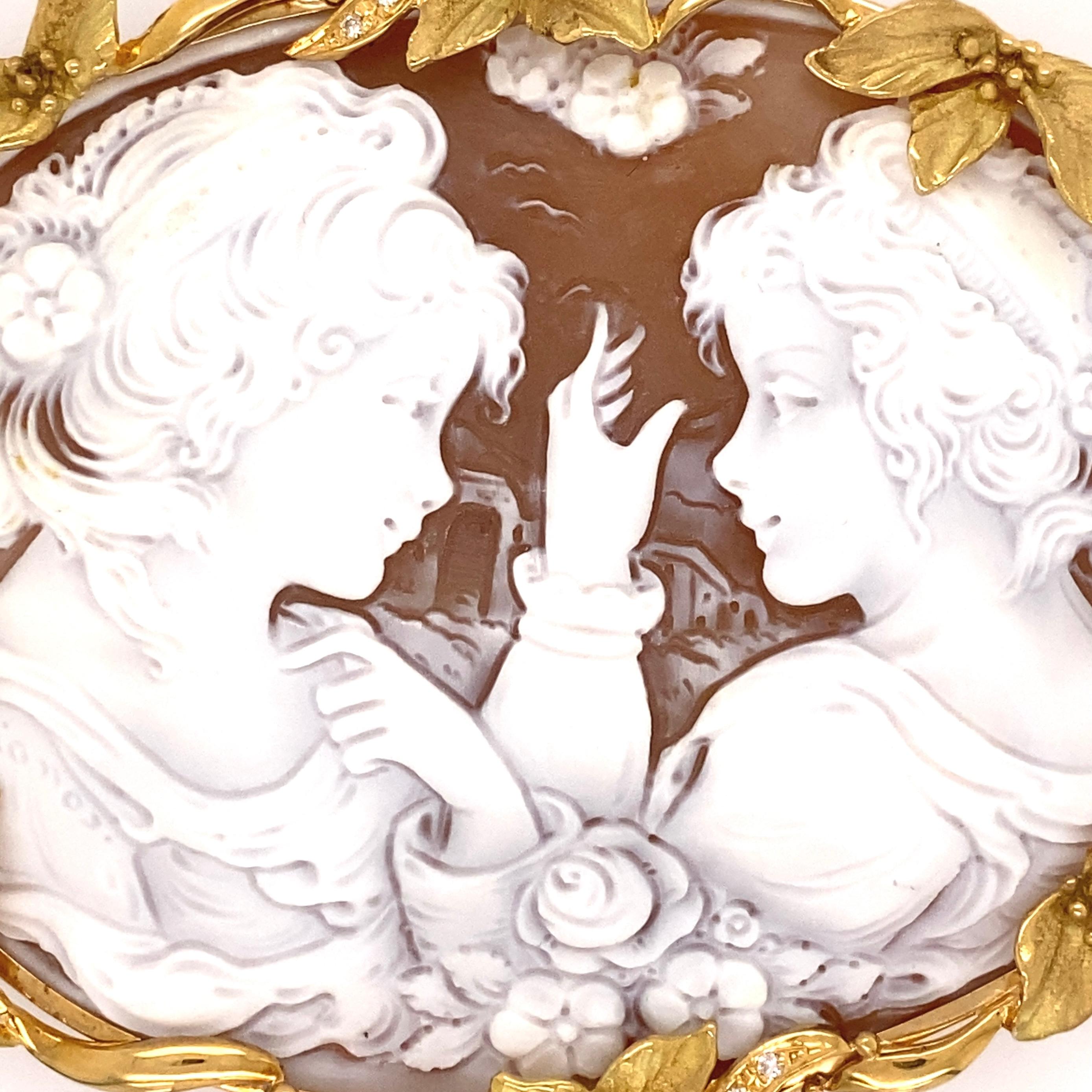 Beautiful Captivating Large Shell Cameo Brooch Pendant depicting 2 Beautiful Young Ladies, Hand Carved in High Relief. Rendered with remarkable detail and warmth, so unusual to find! Meticulously artisan engraved with exquisite detail, this natural