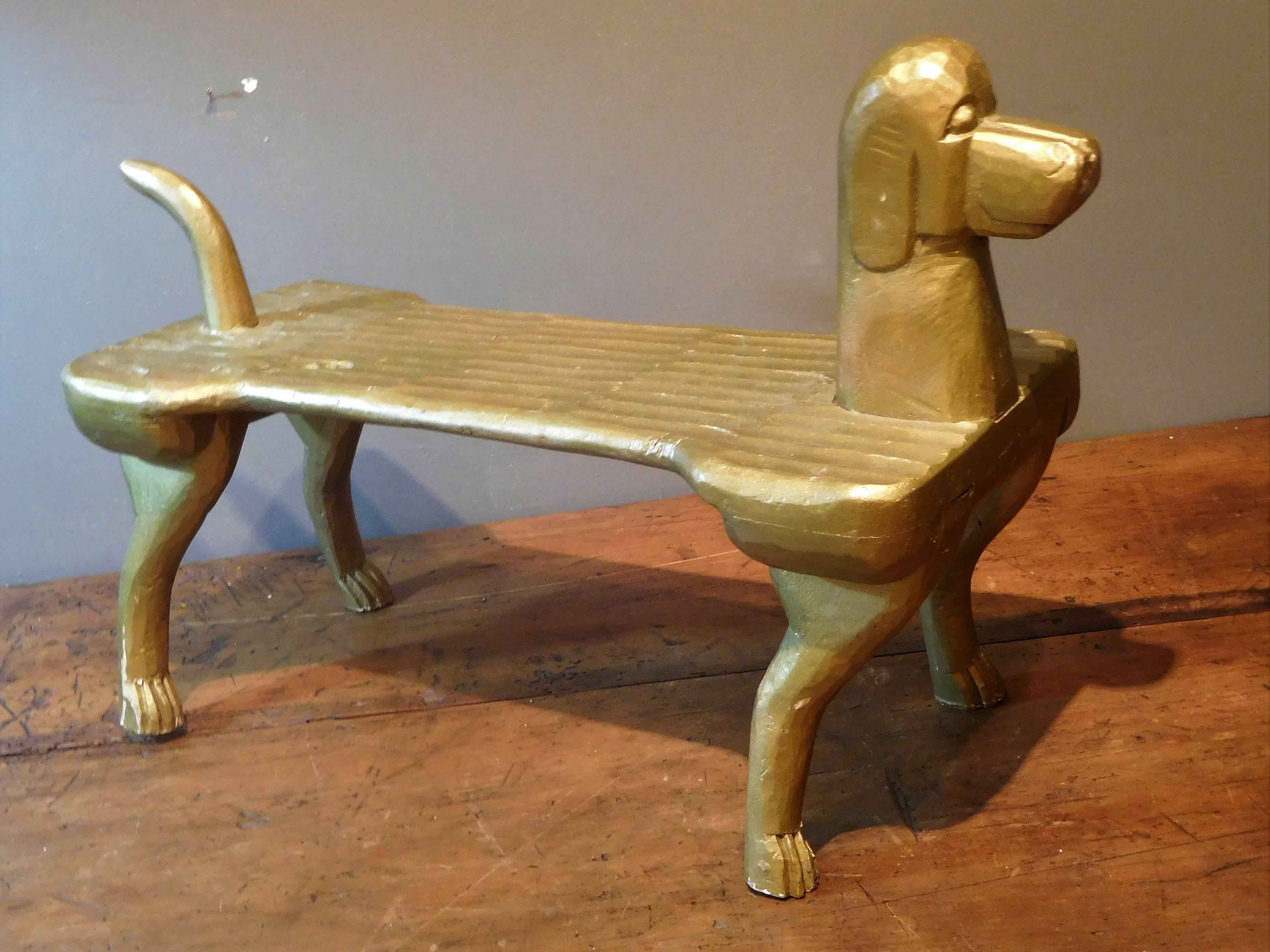 American Hand-Carved Postmodernism Dog Footstool, Stephen Huneck Folk Art, circa 2000