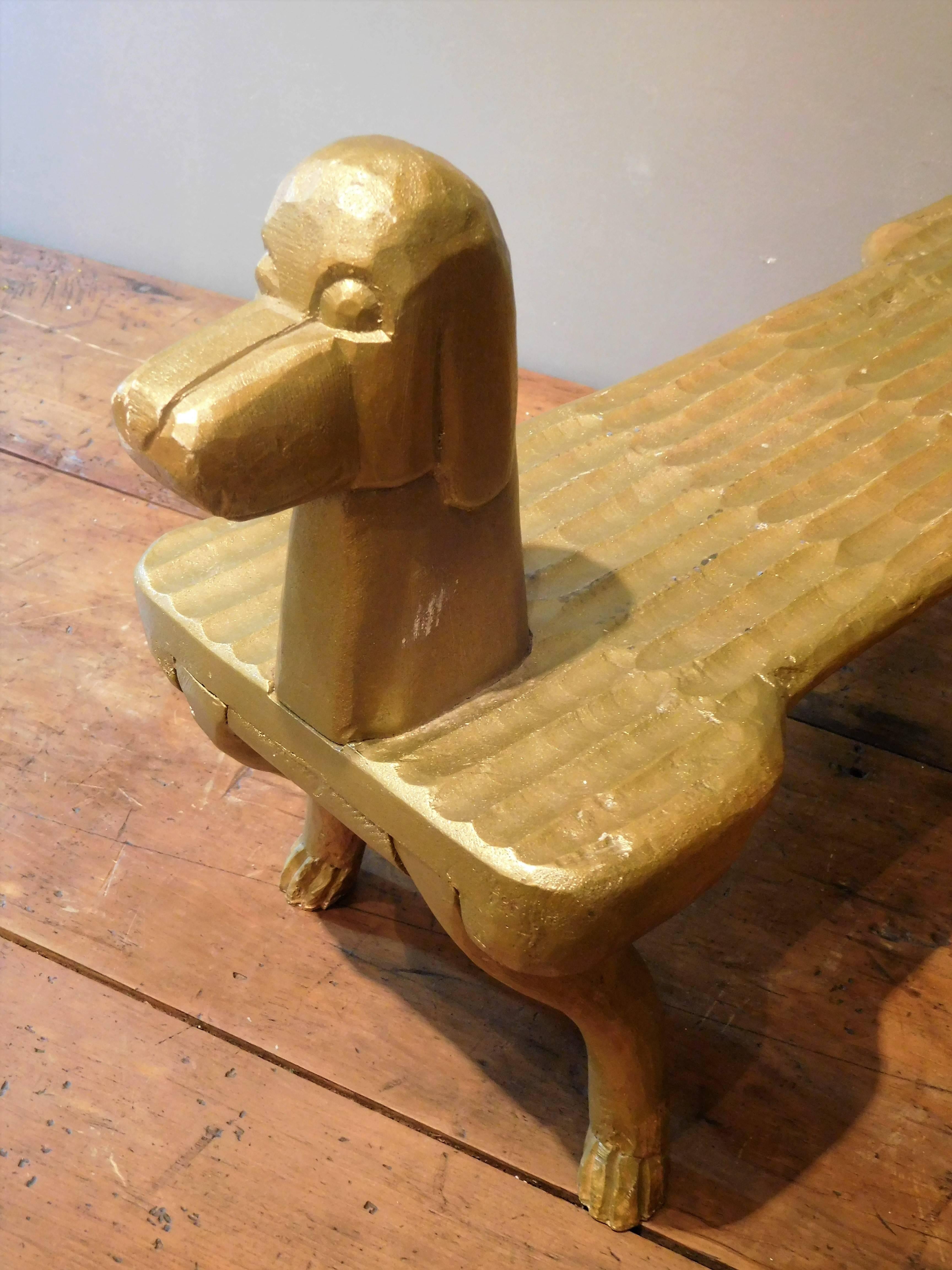 Contemporary Hand-Carved Postmodernism Dog Footstool, Stephen Huneck Folk Art, circa 2000