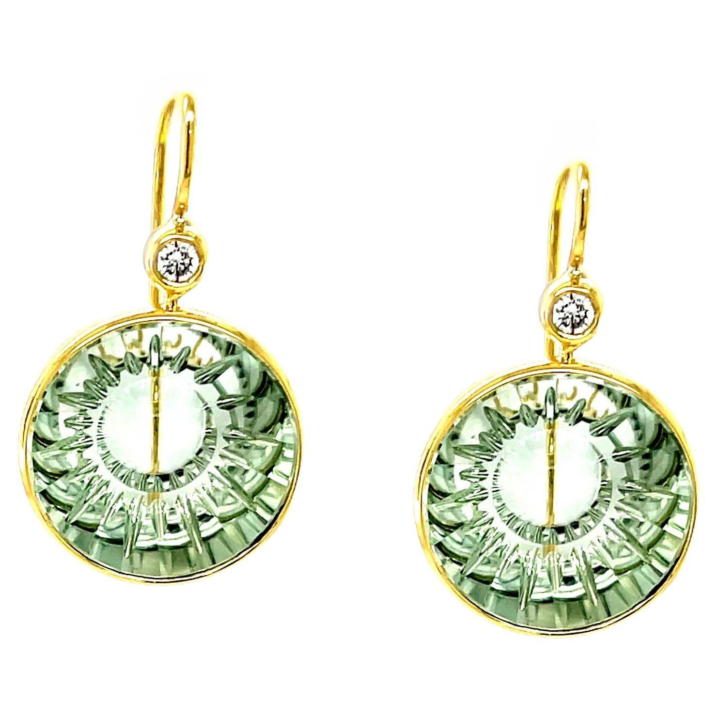 Handgeschnitzte Prasiolith- und Diamant-Ohrringe aus 18k Gelbgold, 23 Karat im Angebot