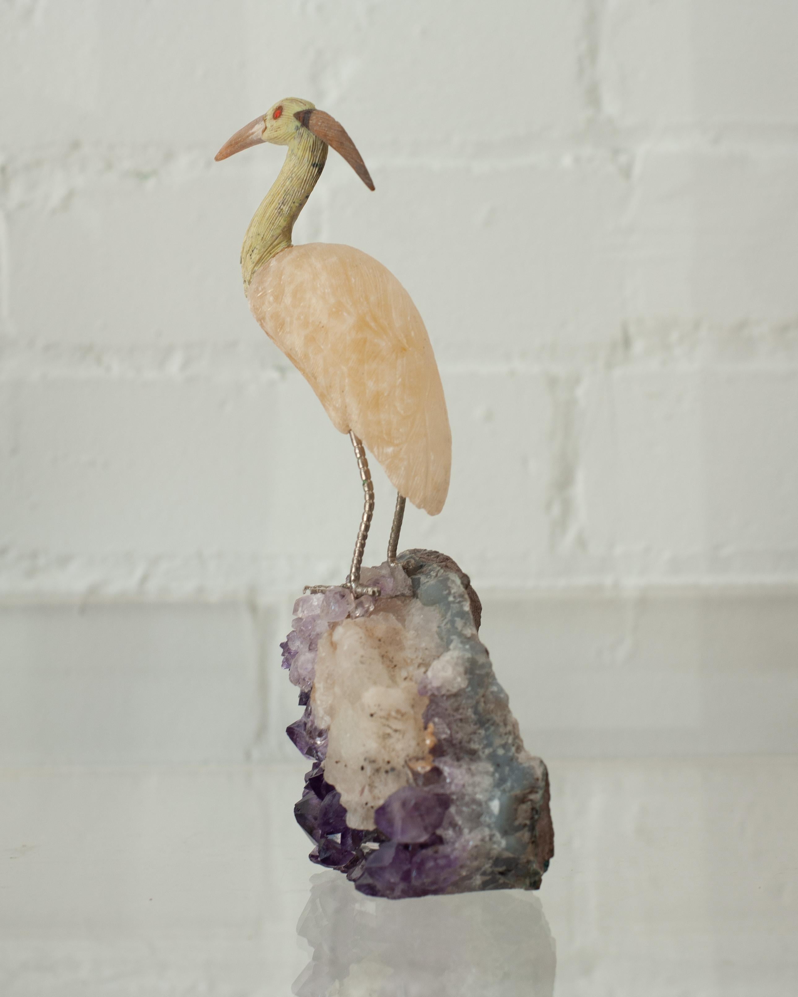 Hand-Carved Hand Carved Precious Stone Crane on an Amethyst  Base