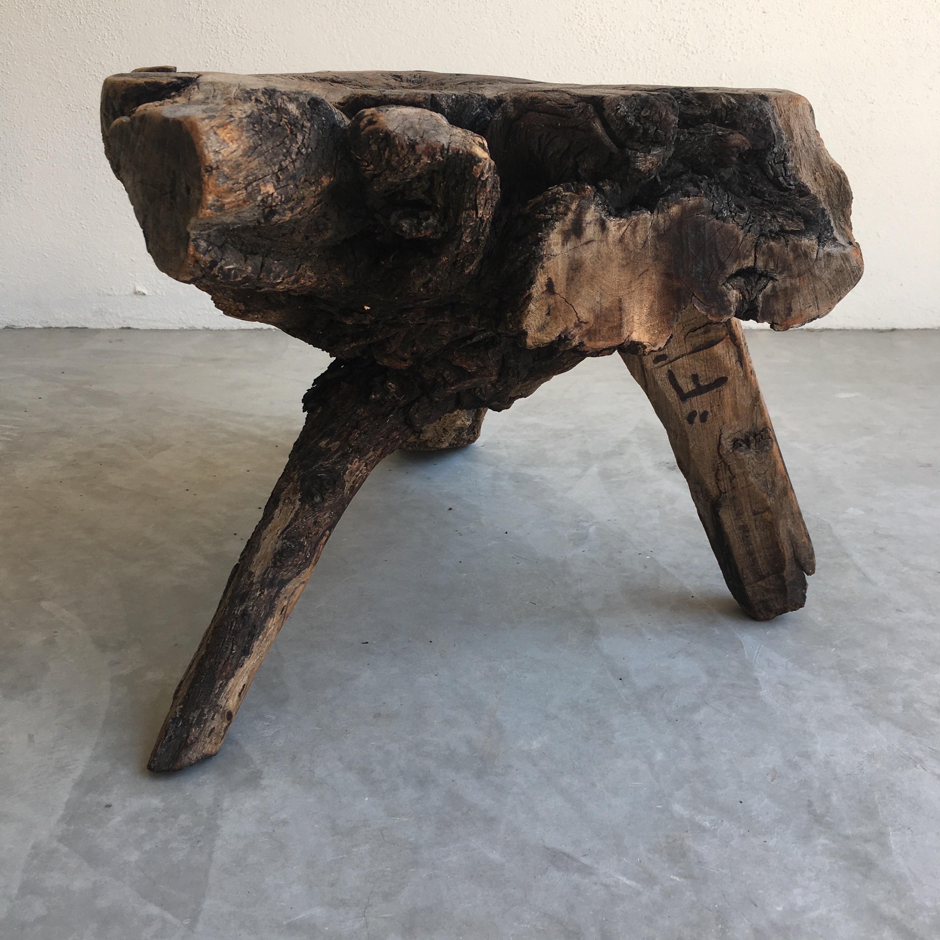 Late 20th Century Hand Carved Primitive Mesquite Stool from Mexico