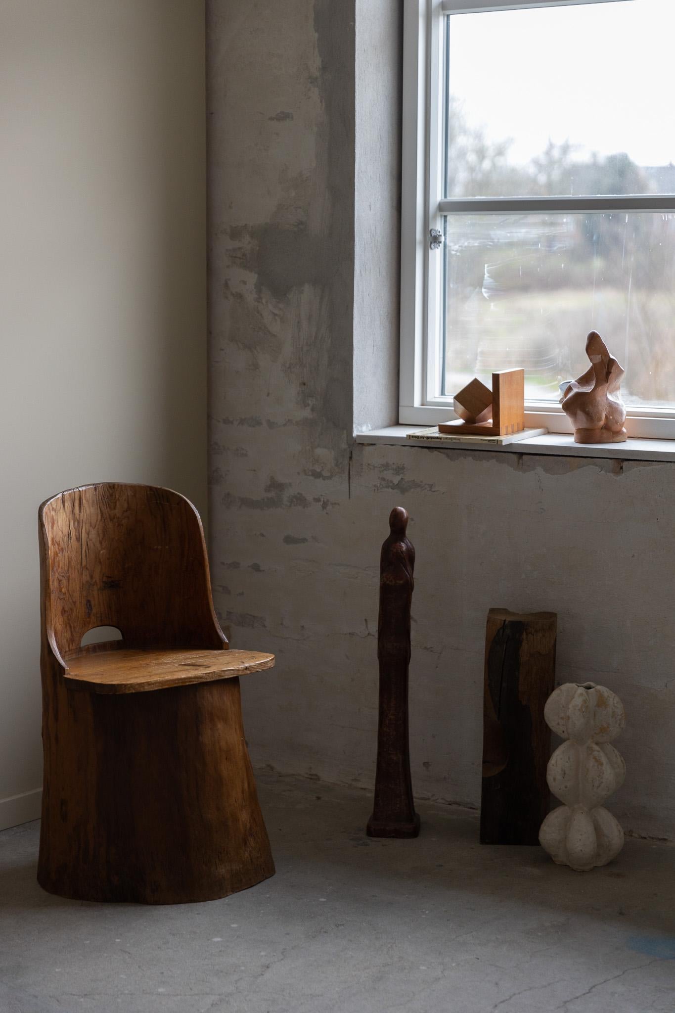 Wood Hand Carved Primitive Stump Chair in Pine, Swedish Modern, Wabi Sabi, 1960s