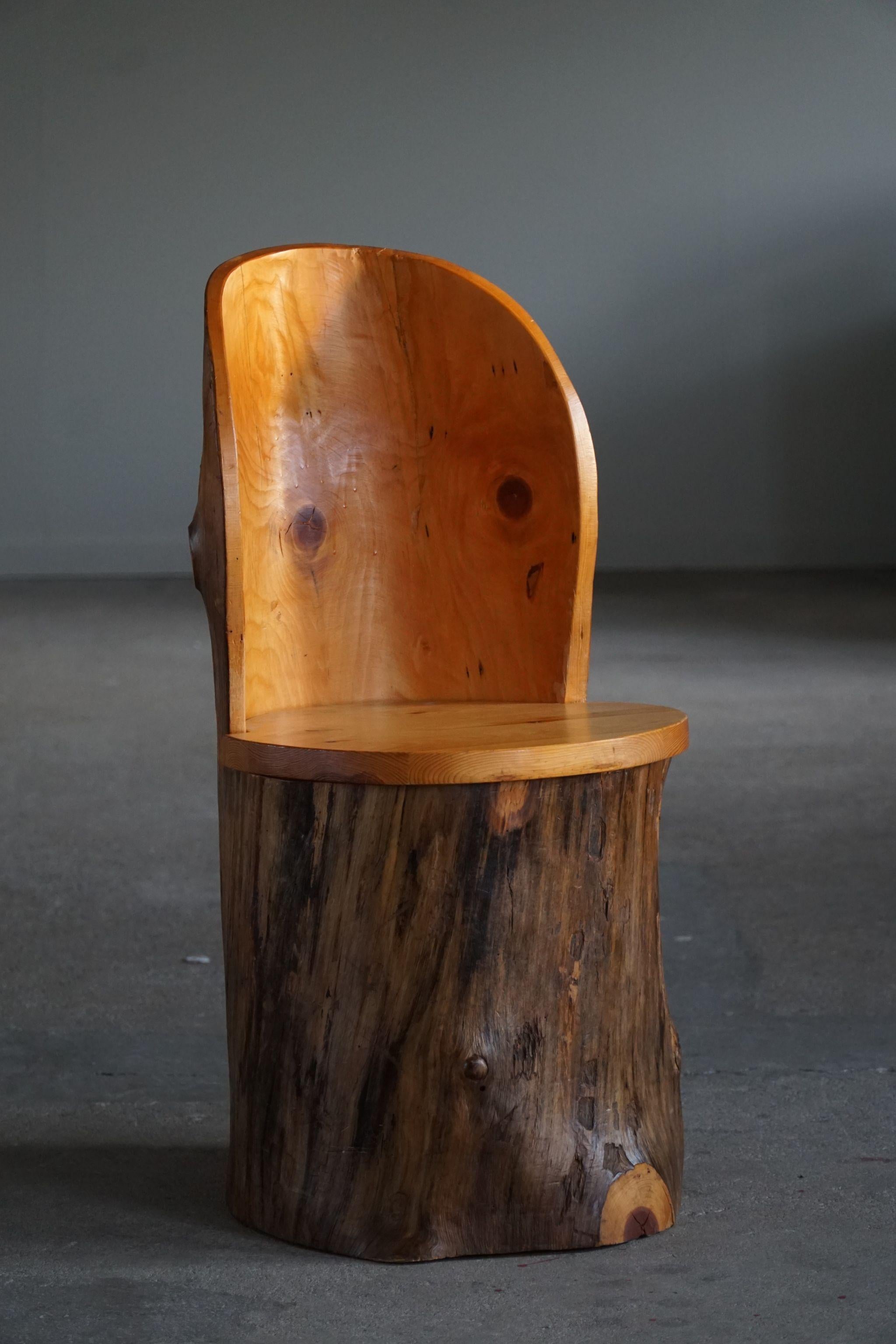 Hand-Carved Hand Carved Primitive Swedish Modern Stump Chair in Pine, Wabi Sabi, 1960s For Sale