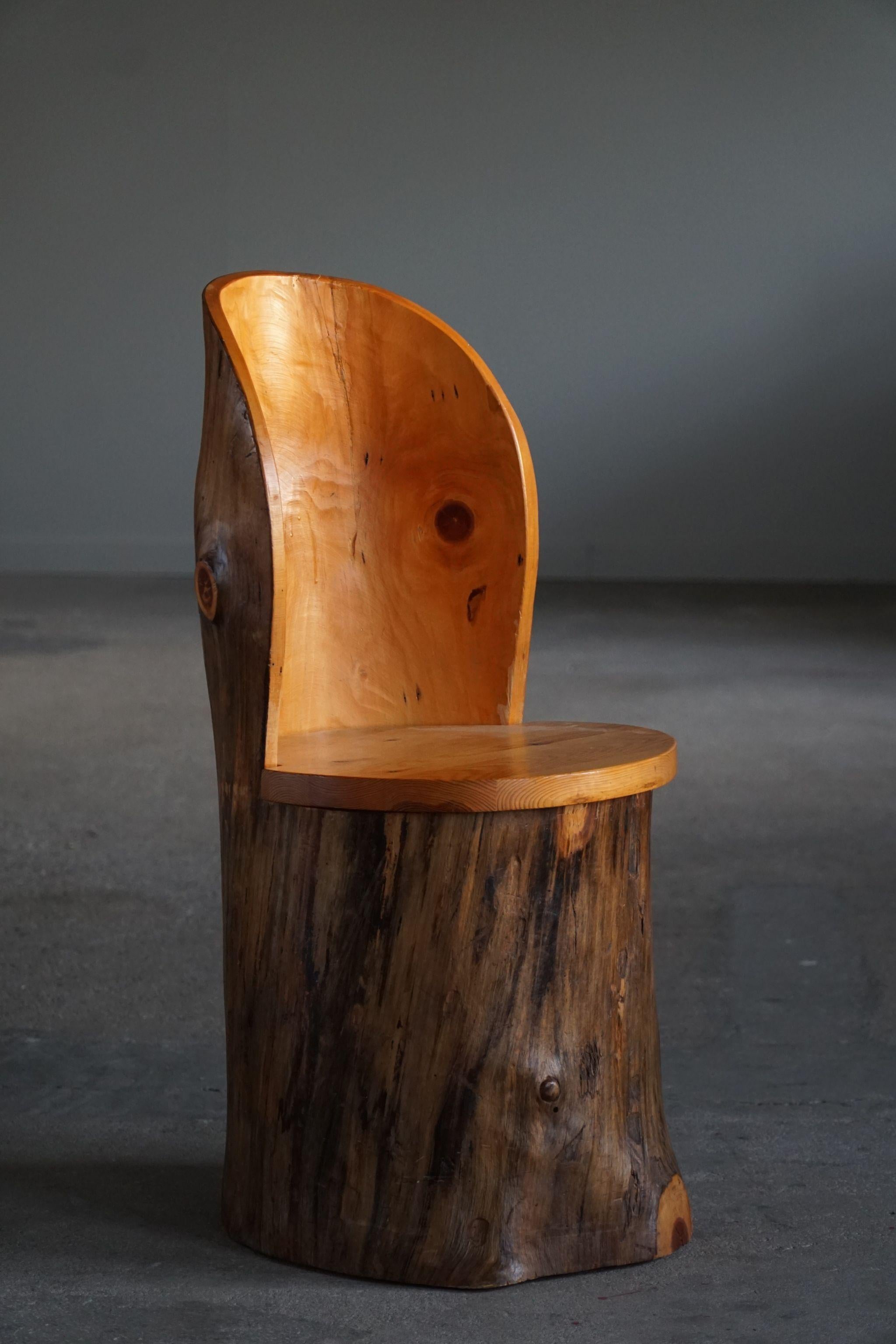 Hand Carved Primitive Swedish Modern Stump Chair in Pine, Wabi Sabi, 1960s In Good Condition For Sale In Odense, DK