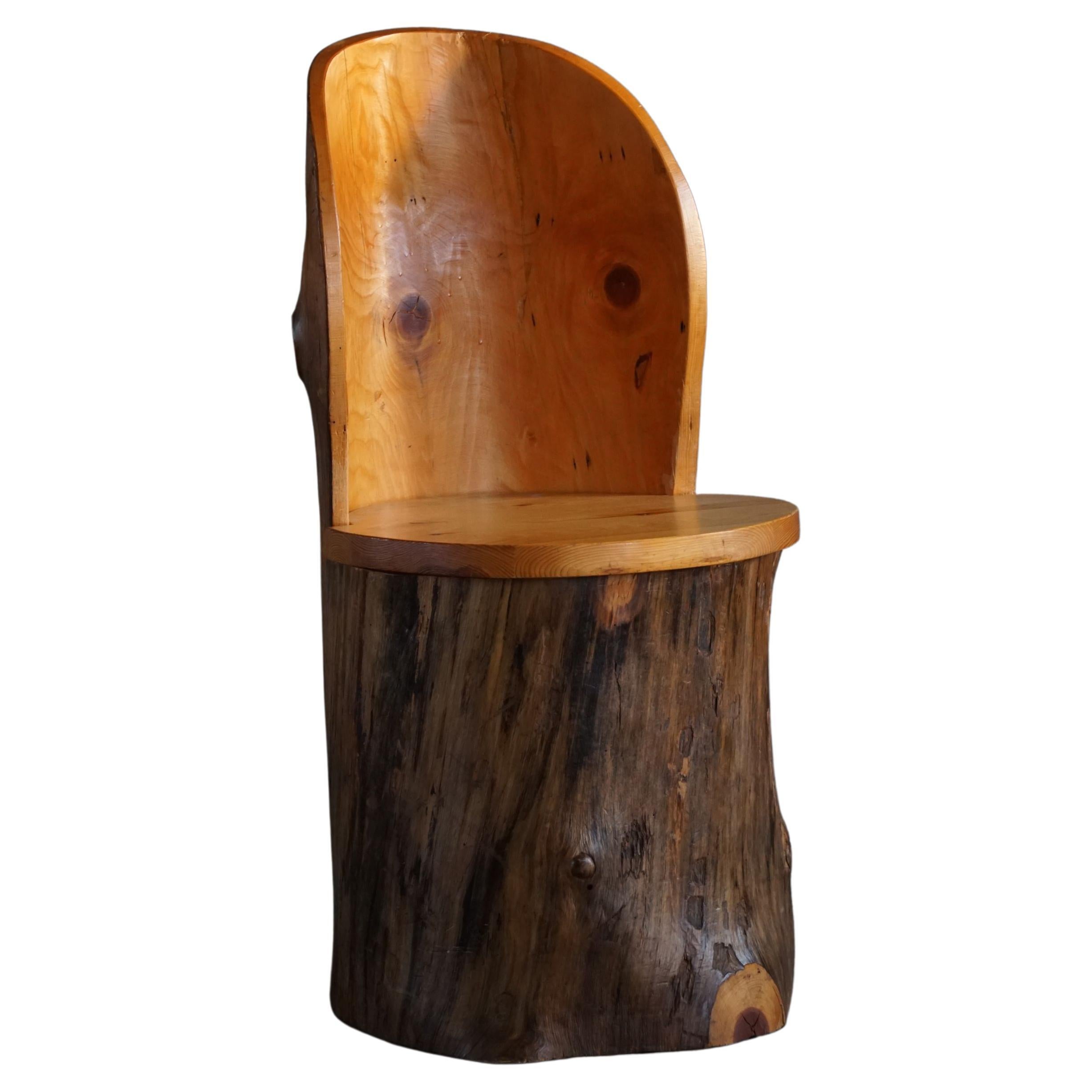 Hand Carved Primitive Swedish Modern Stump Chair in Pine, Wabi Sabi, 1960s