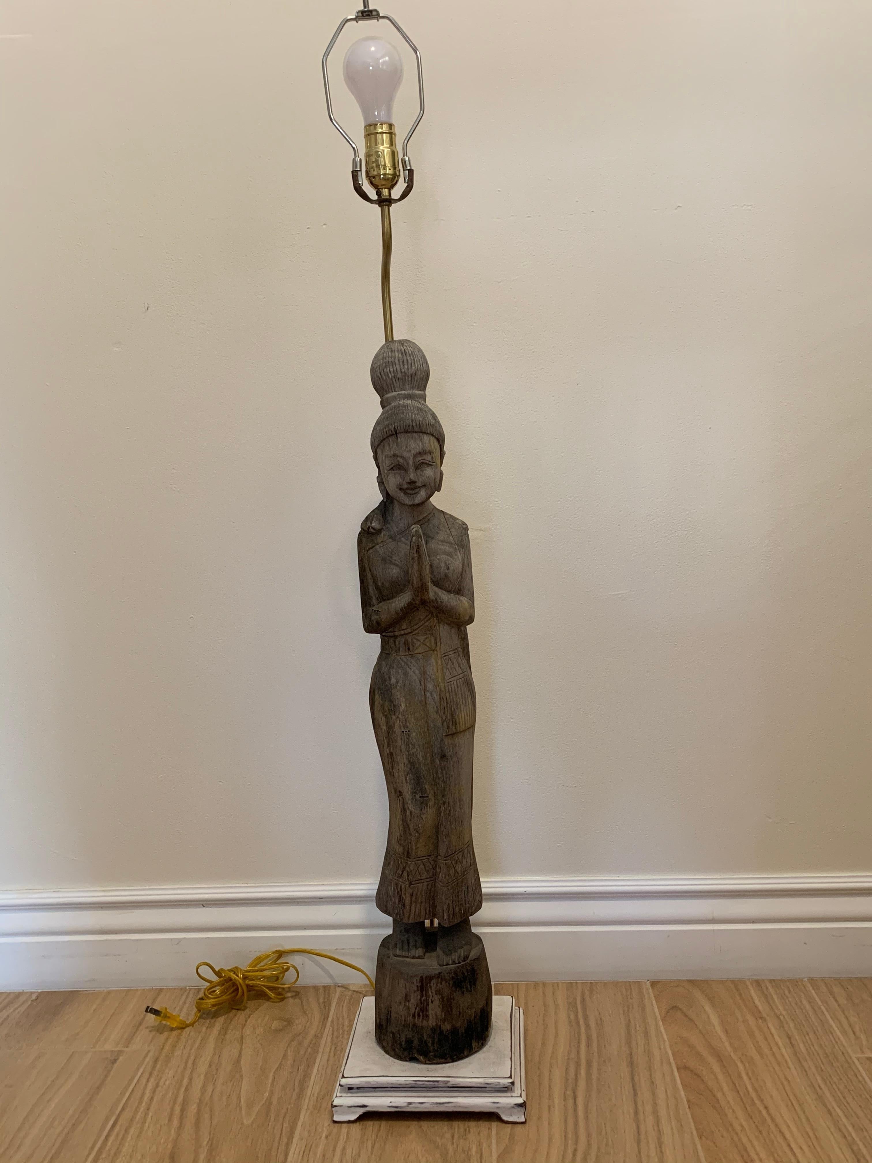 One of a kind, large hand carved wooden Buddha lamp for interior decor. Beautiful intricate details in wood carving. Could if you like to remove the electrical connection and use it as decorative wood sculpture. Perfect for living room, bedroom or