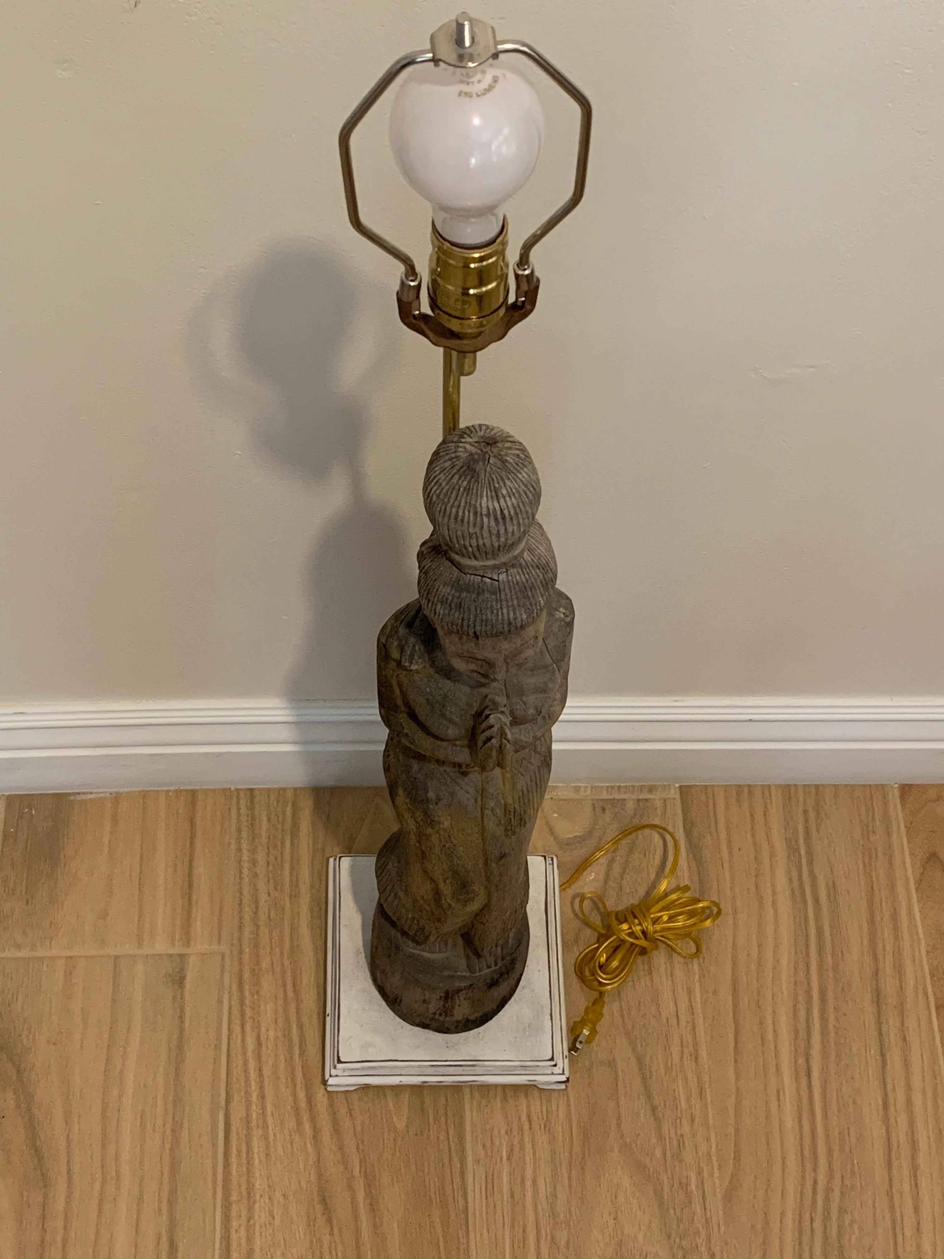 Thai Hand Carved Quan Yen Wood Table Lamp