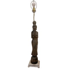 Vintage Hand Carved Quan Yen Wood Table Lamp
