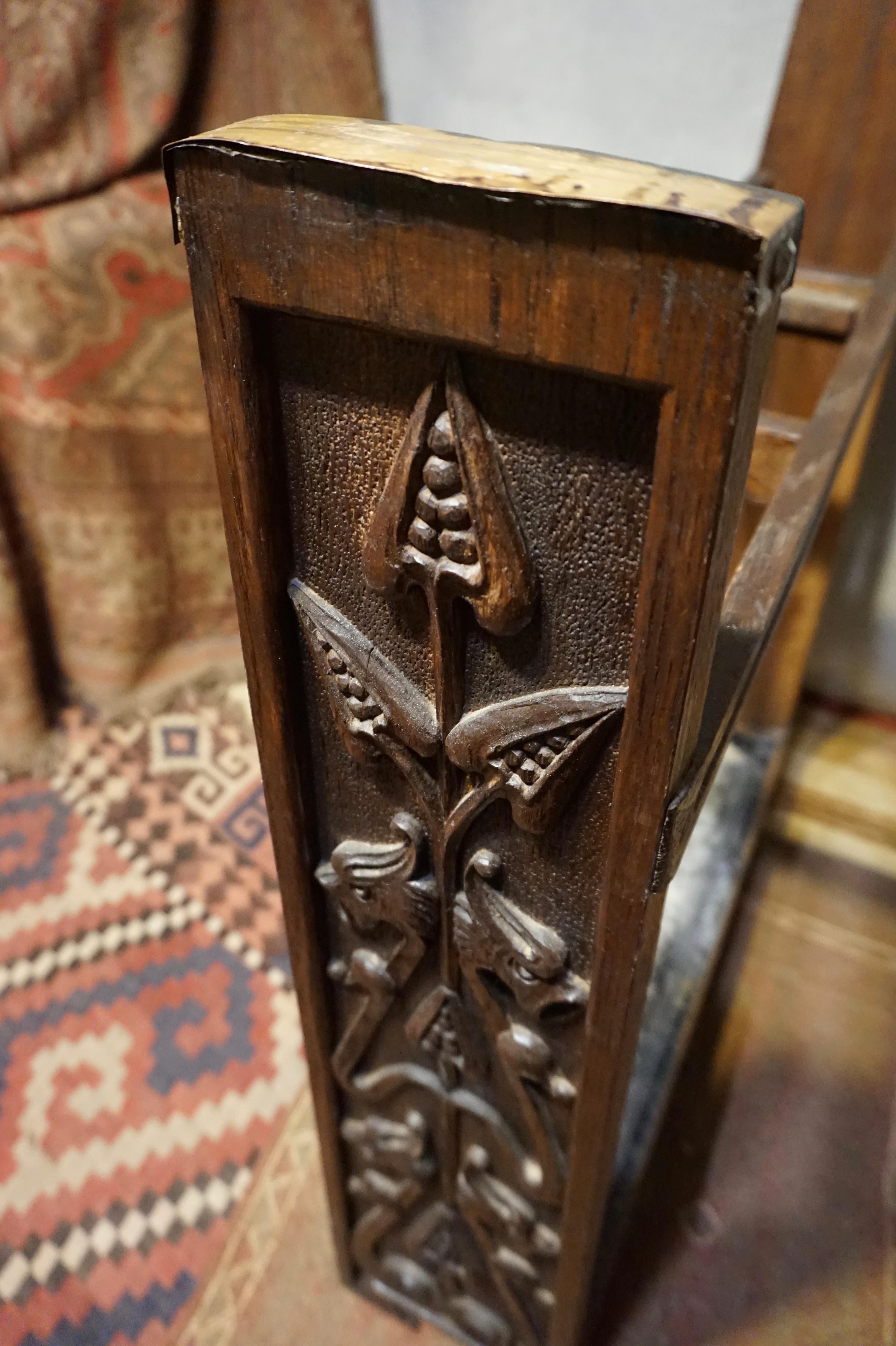 English Hand Carved Rare Arts & Crafts Floral Griffin Solid Oak Umbrella Stand