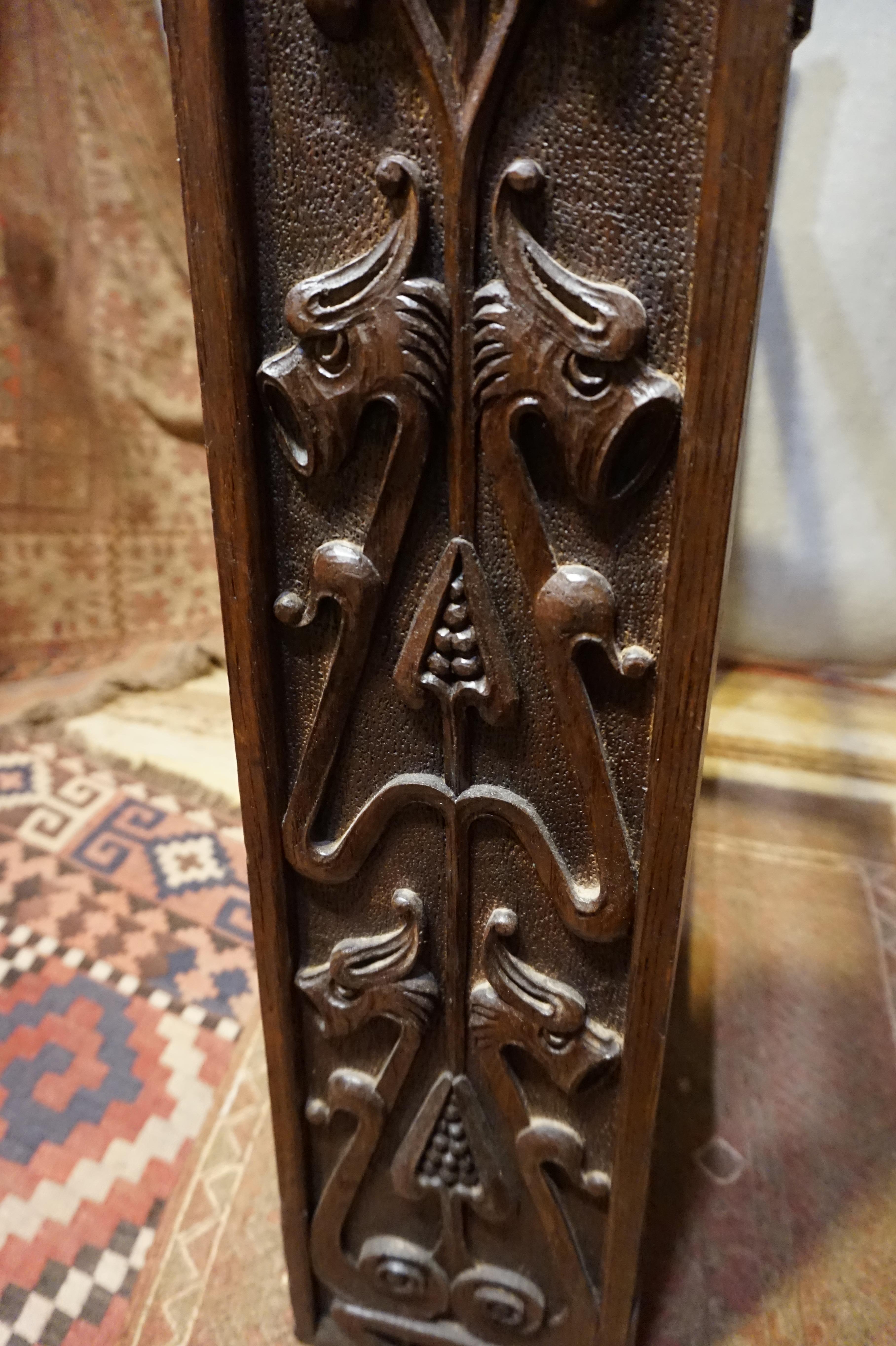 Hand-Carved Hand Carved Rare Arts & Crafts Floral Griffin Solid Oak Umbrella Stand