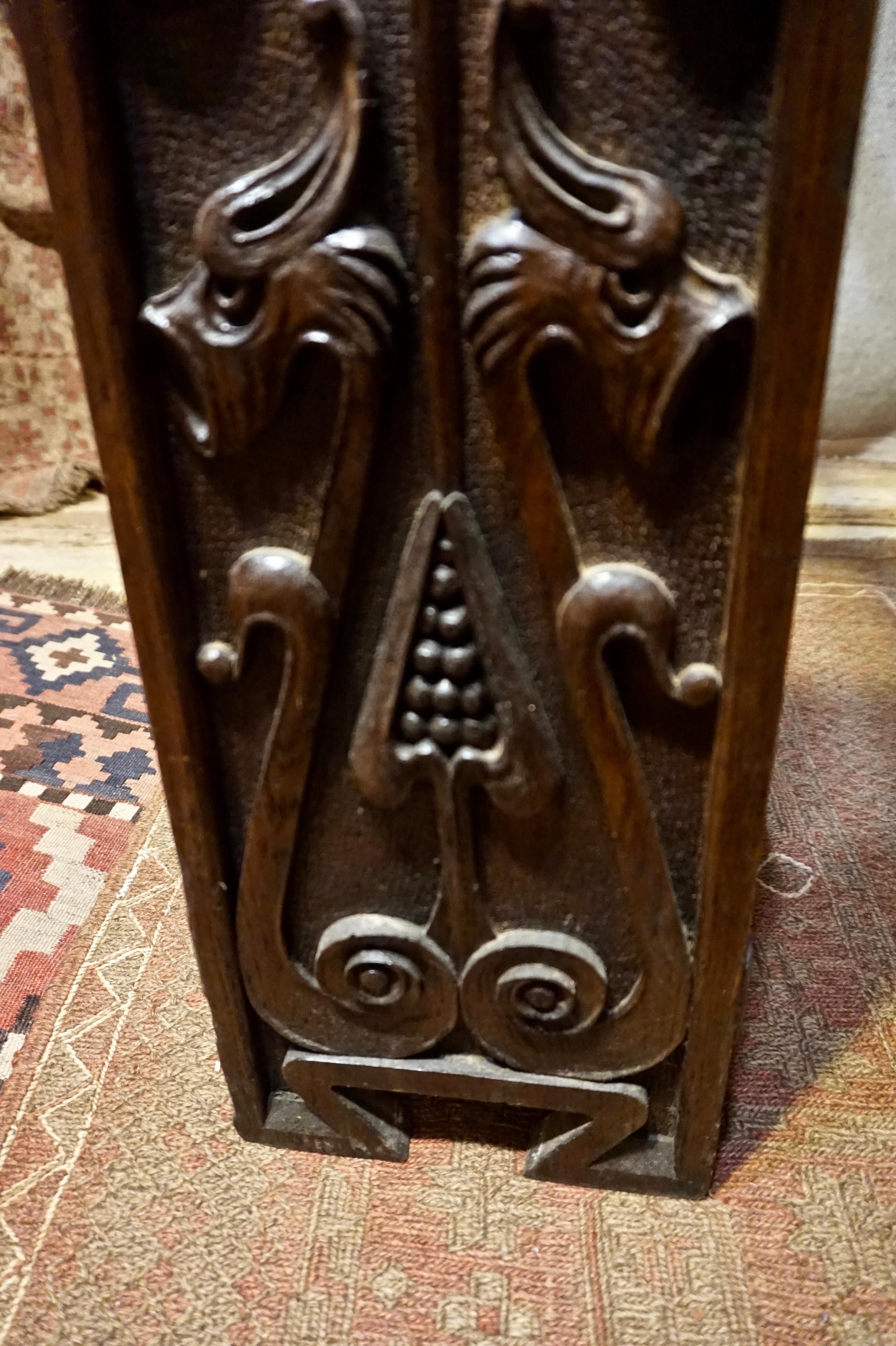 Hand Carved Rare Arts & Crafts Floral Griffin Solid Oak Umbrella Stand In Good Condition In Vancouver, British Columbia