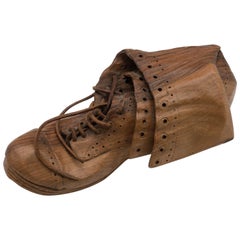 Vintage Hand-Carved Realistic Old Wooden Boot, Signed L. de Verdal