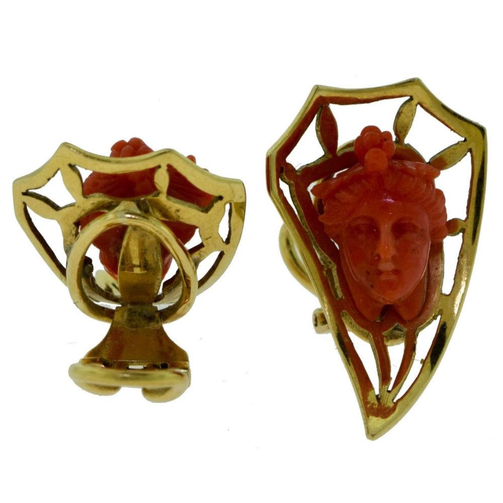 Hand Carved Red Coral Aphrodite Yellow Gold Clip-On Earrings In Good Condition In Miami, FL