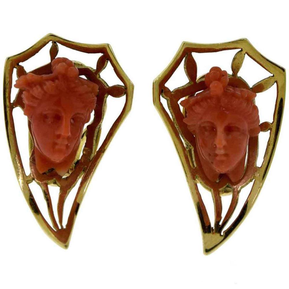 Women's or Men's Hand Carved Red Coral Aphrodite Yellow Gold Clip-On Earrings