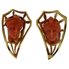 Hand Carved Red Coral Aphrodite Yellow Gold Clip-On Earrings