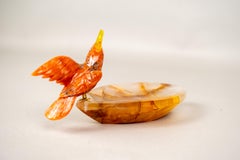 Hand-Carved Red Quartz Cockatoo on a Hematite Golden Healer Crystal Bowl
