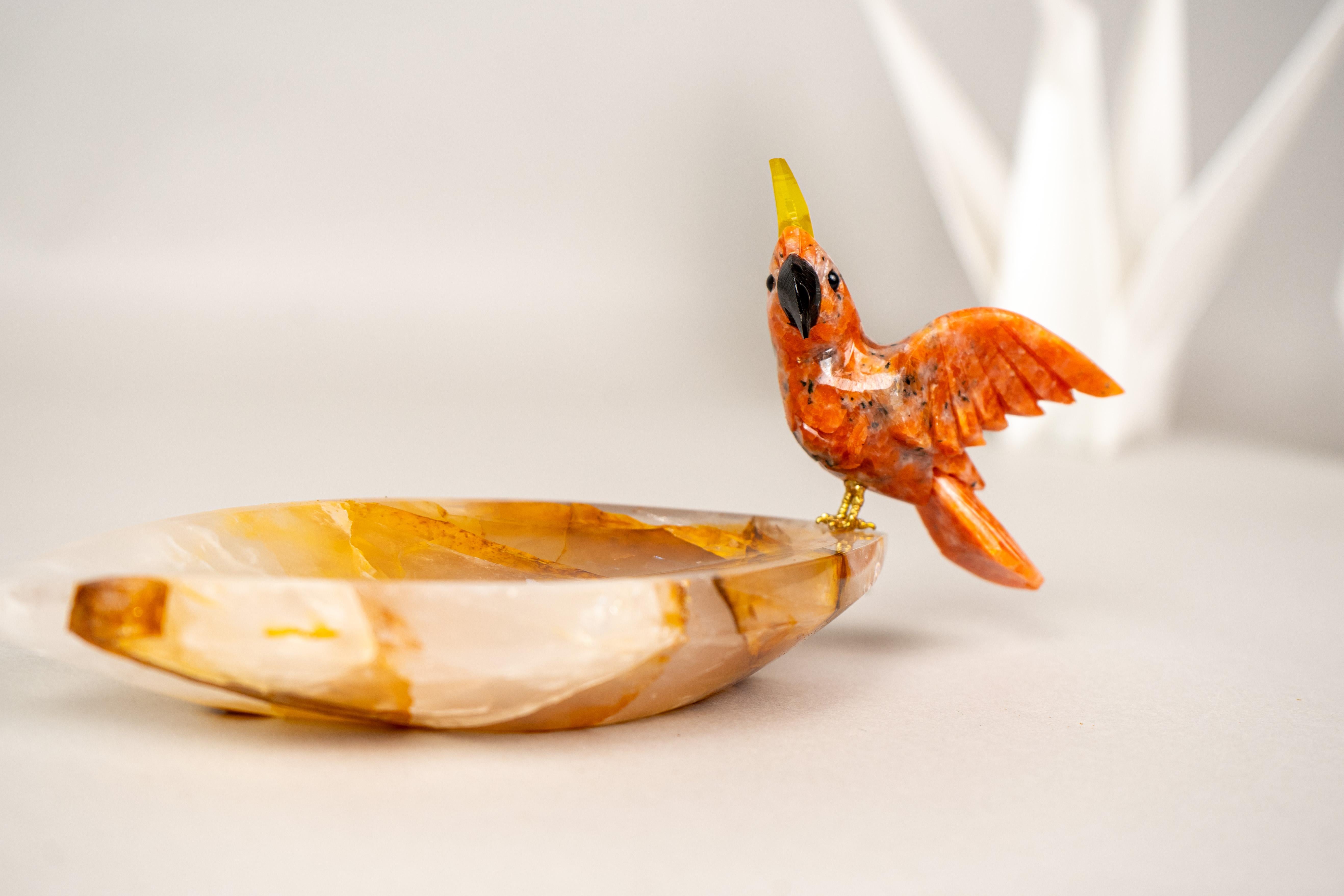 Brazilian Hand-Carved Red Quartz Cockatoo on a Hematite Golden Healer Crystal Bowl For Sale