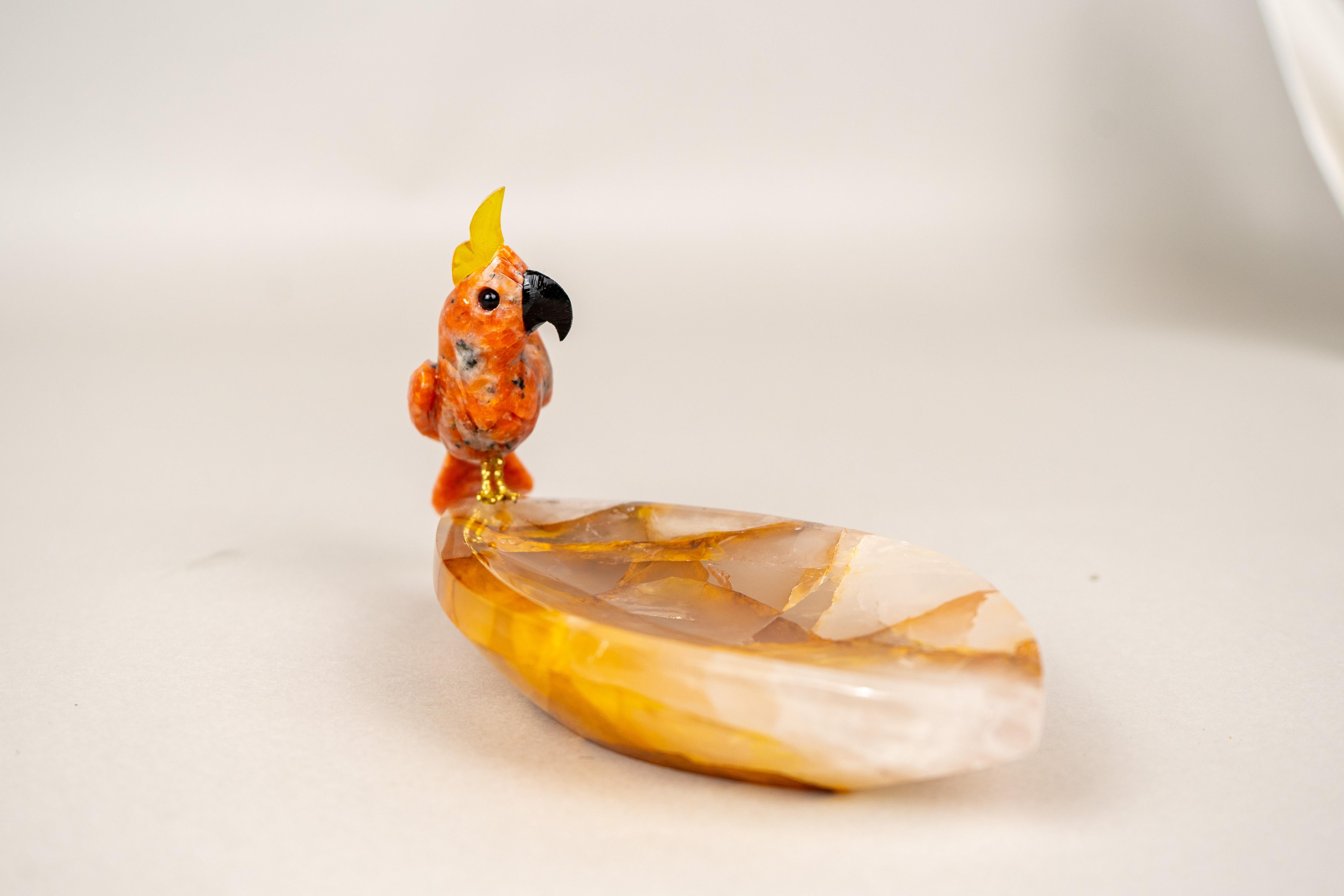 Contemporary Hand-Carved Red Quartz Cockatoo on a Hematite Golden Healer Crystal Bowl For Sale