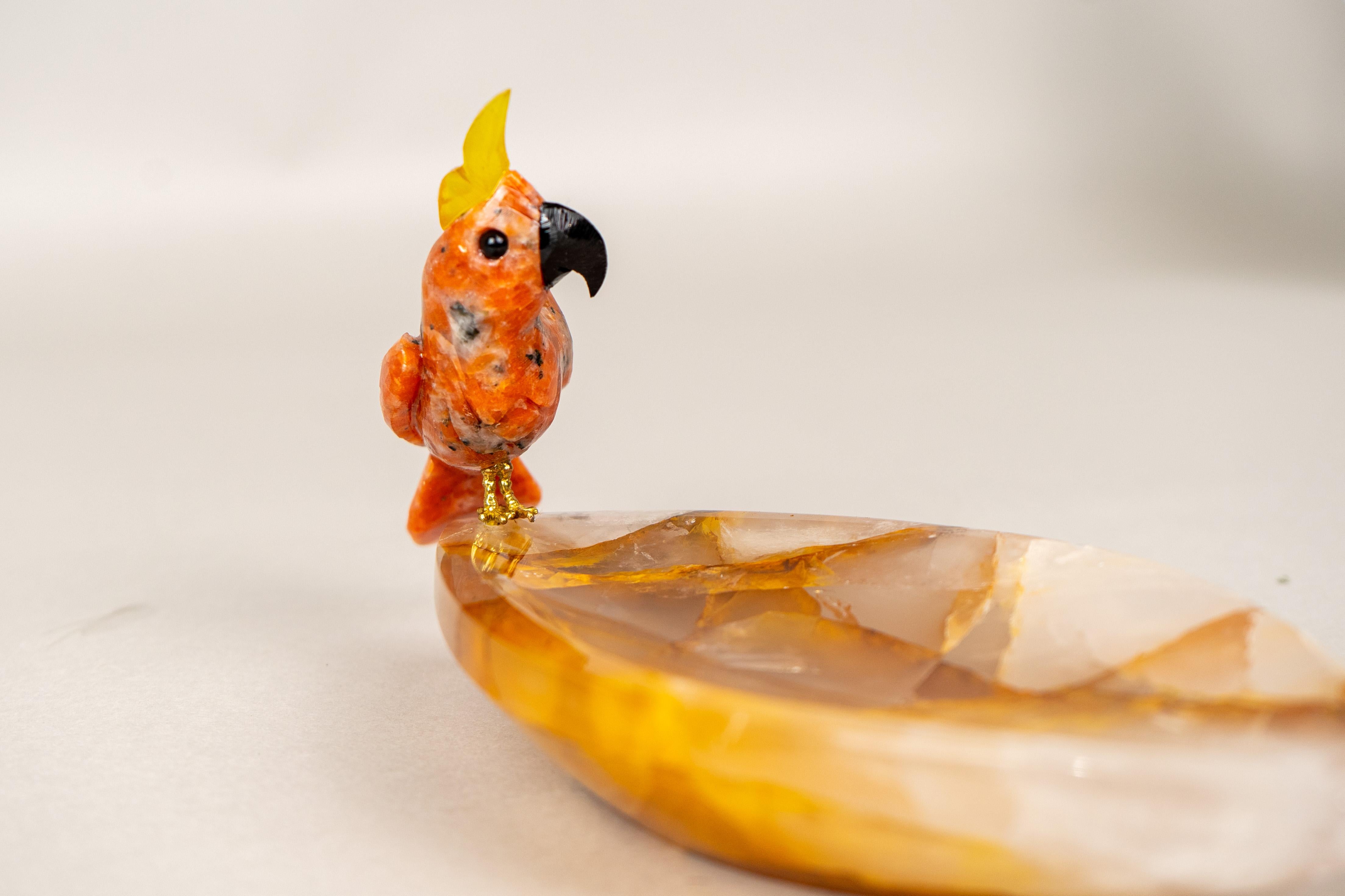Hand-Carved Red Quartz Cockatoo on a Hematite Golden Healer Crystal Bowl For Sale 1