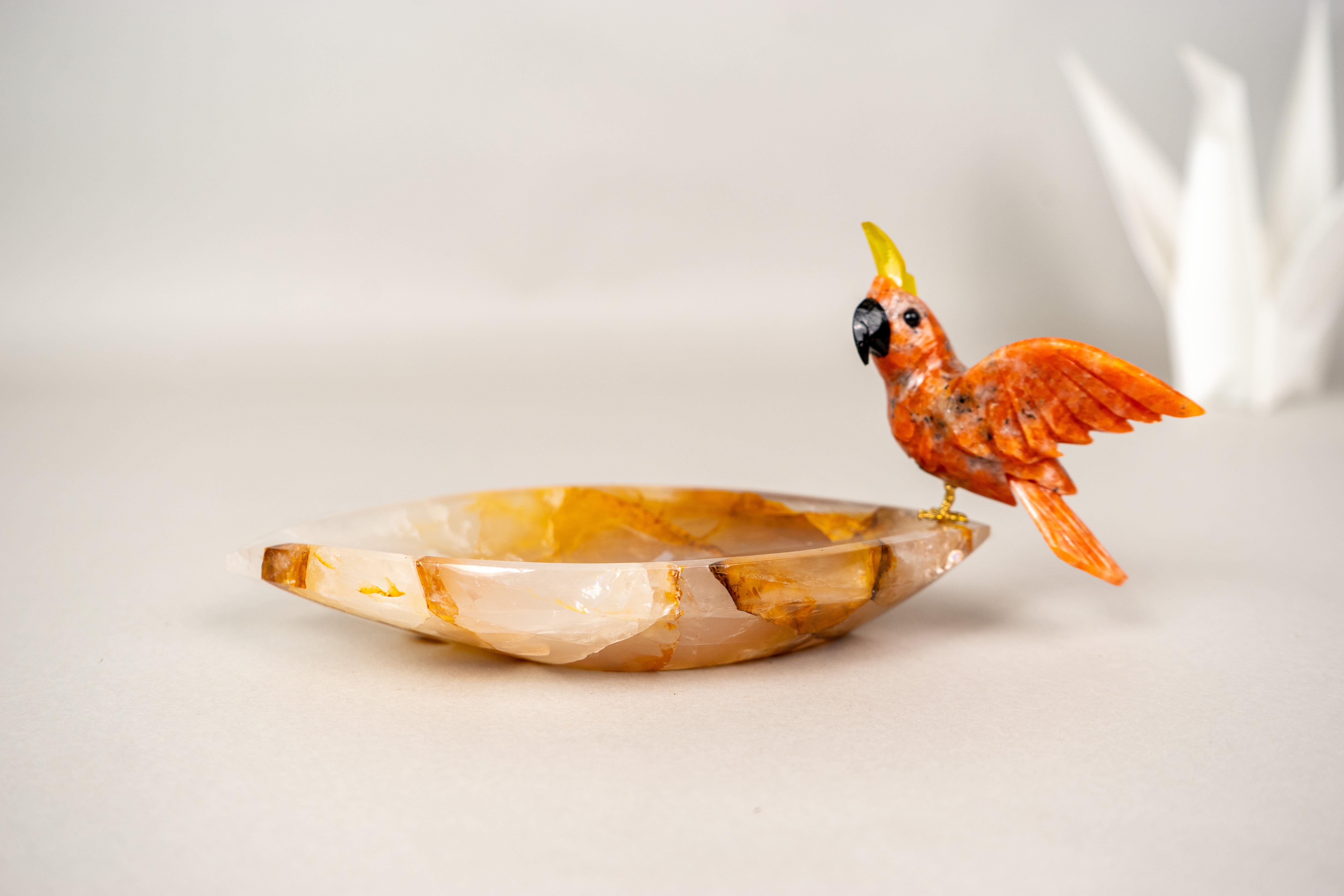Hand-Carved Red Quartz Cockatoo on a Hematite Golden Healer Crystal Bowl For Sale 2