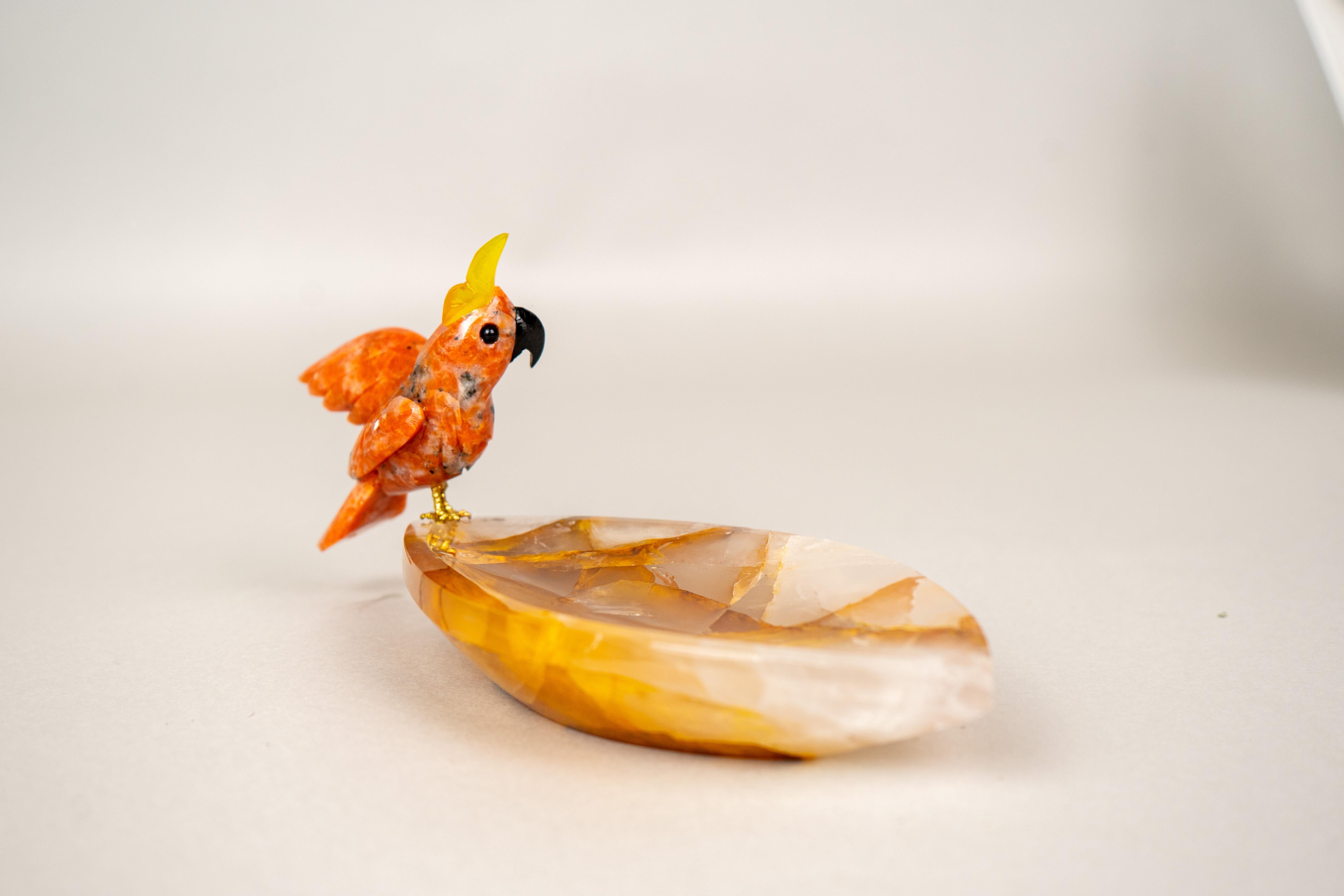 Hand-Carved Red Quartz Cockatoo on a Hematite Golden Healer Crystal Bowl For Sale 4