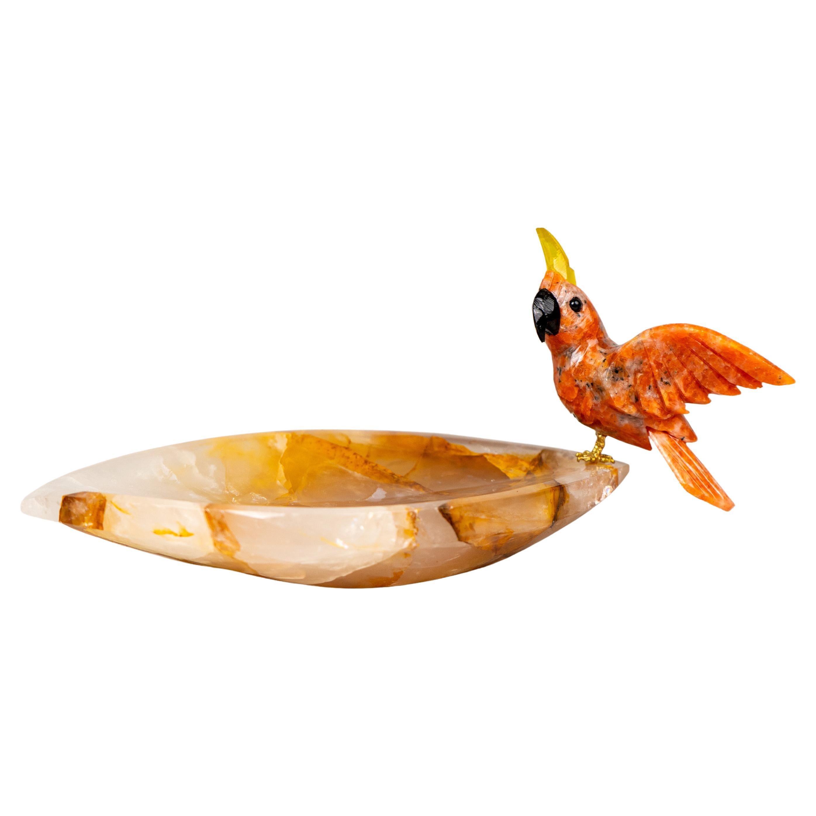 Hand-Carved Red Quartz Cockatoo on a Hematite Golden Healer Crystal Bowl