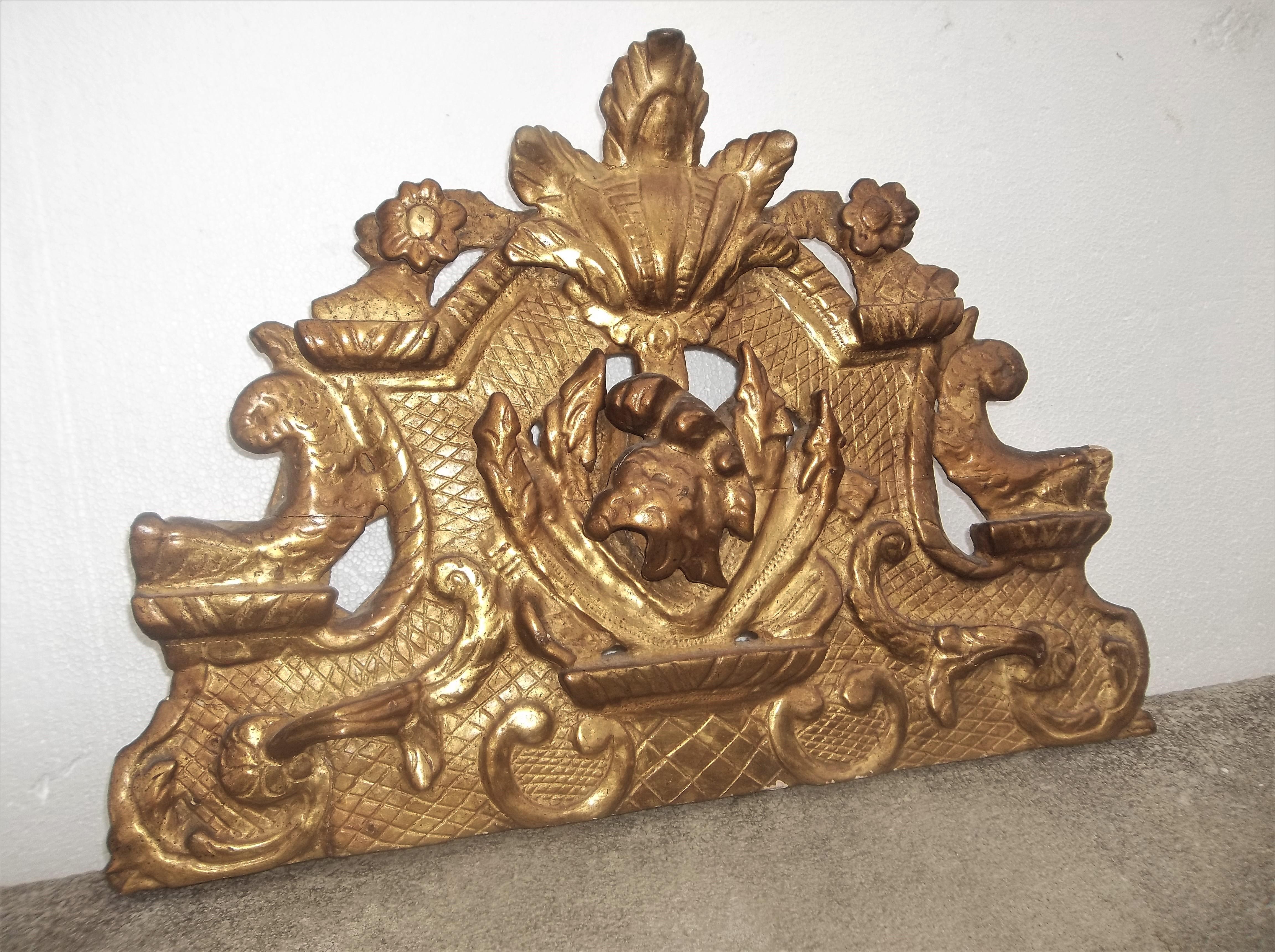 Gesso Hand Carved Regence Style Giltwood Mirror Crest Fragment, 19th Century