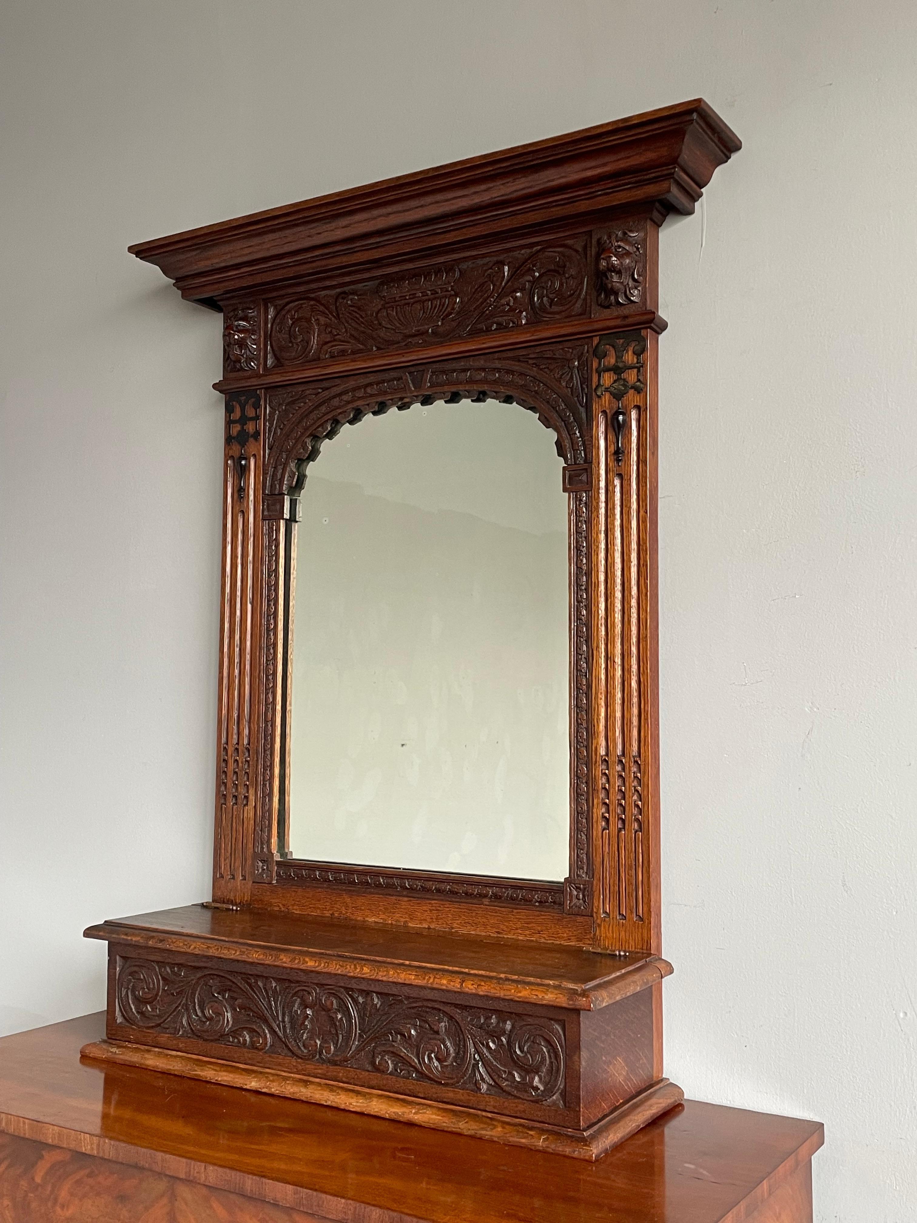 Hand Carved Renaissance Revival Wall Mirror with Lidded Gloves & Scarf Box 1890s For Sale 9
