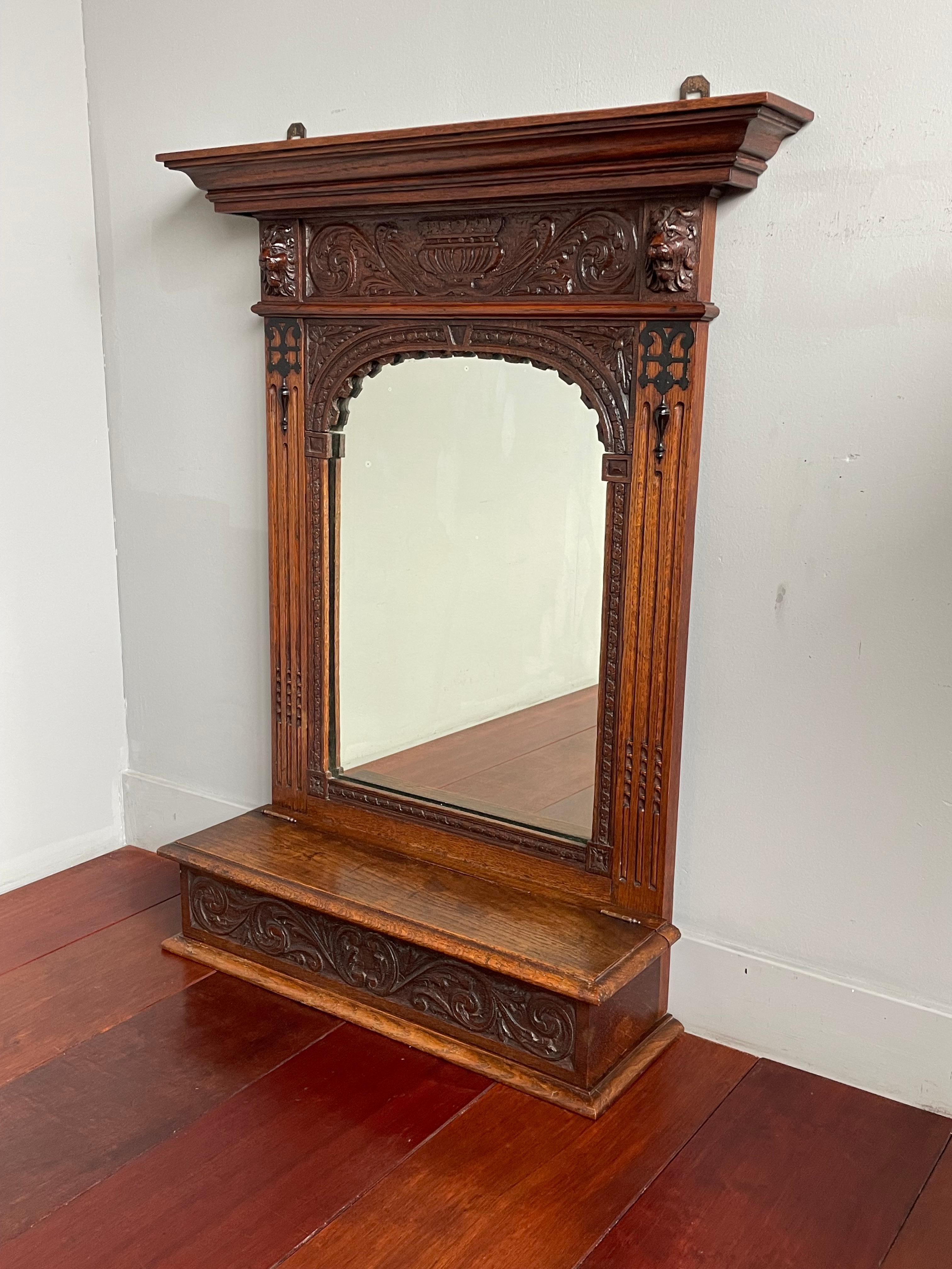 Hand Carved Renaissance Revival Wall Mirror with Lidded Gloves & Scarf Box 1890s For Sale 2