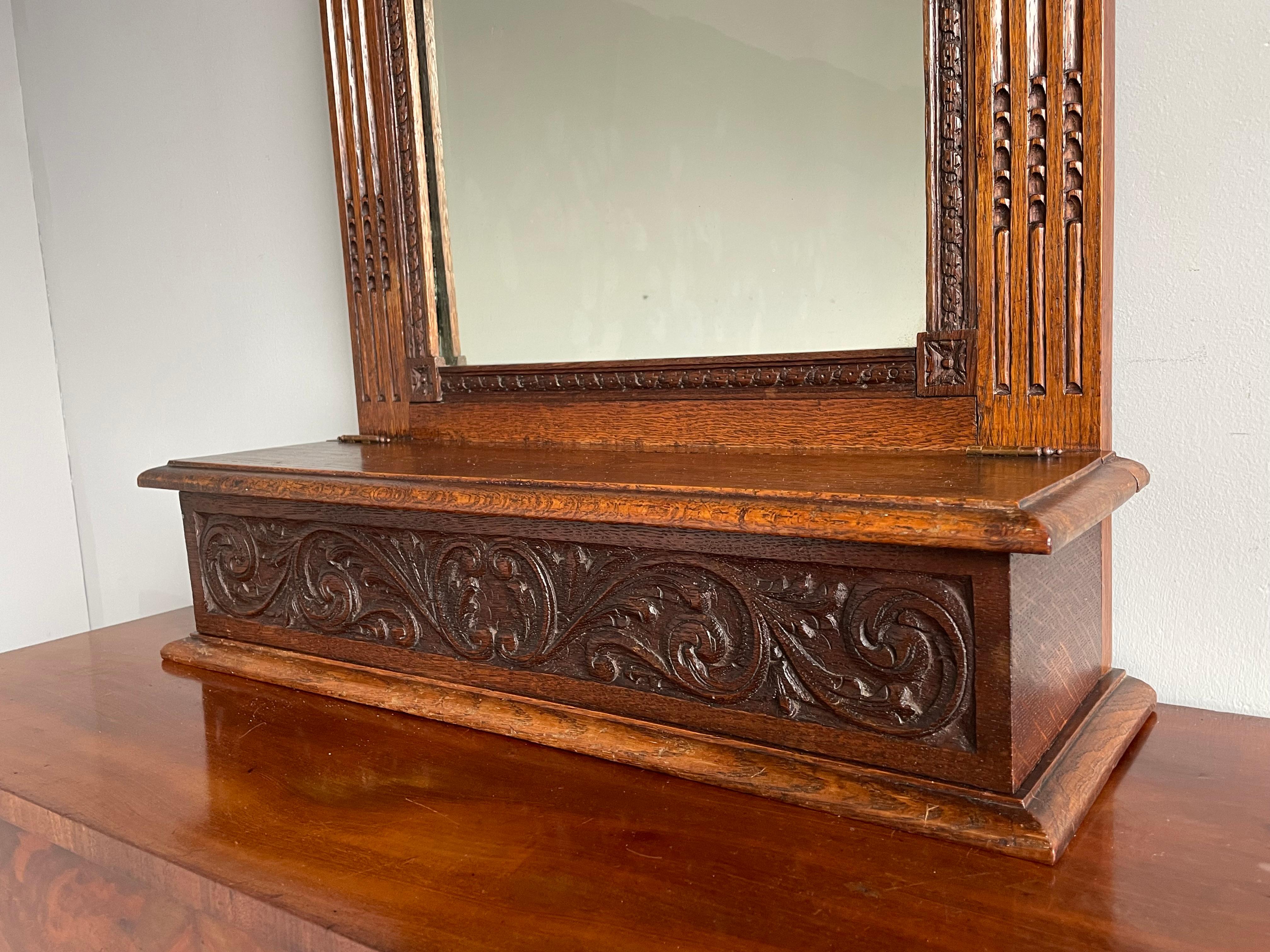 Hand Carved Renaissance Revival Wall Mirror with Lidded Gloves & Scarf Box 1890s For Sale 3
