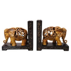 Hand Carved Resin Elephant Bookends, a Pair