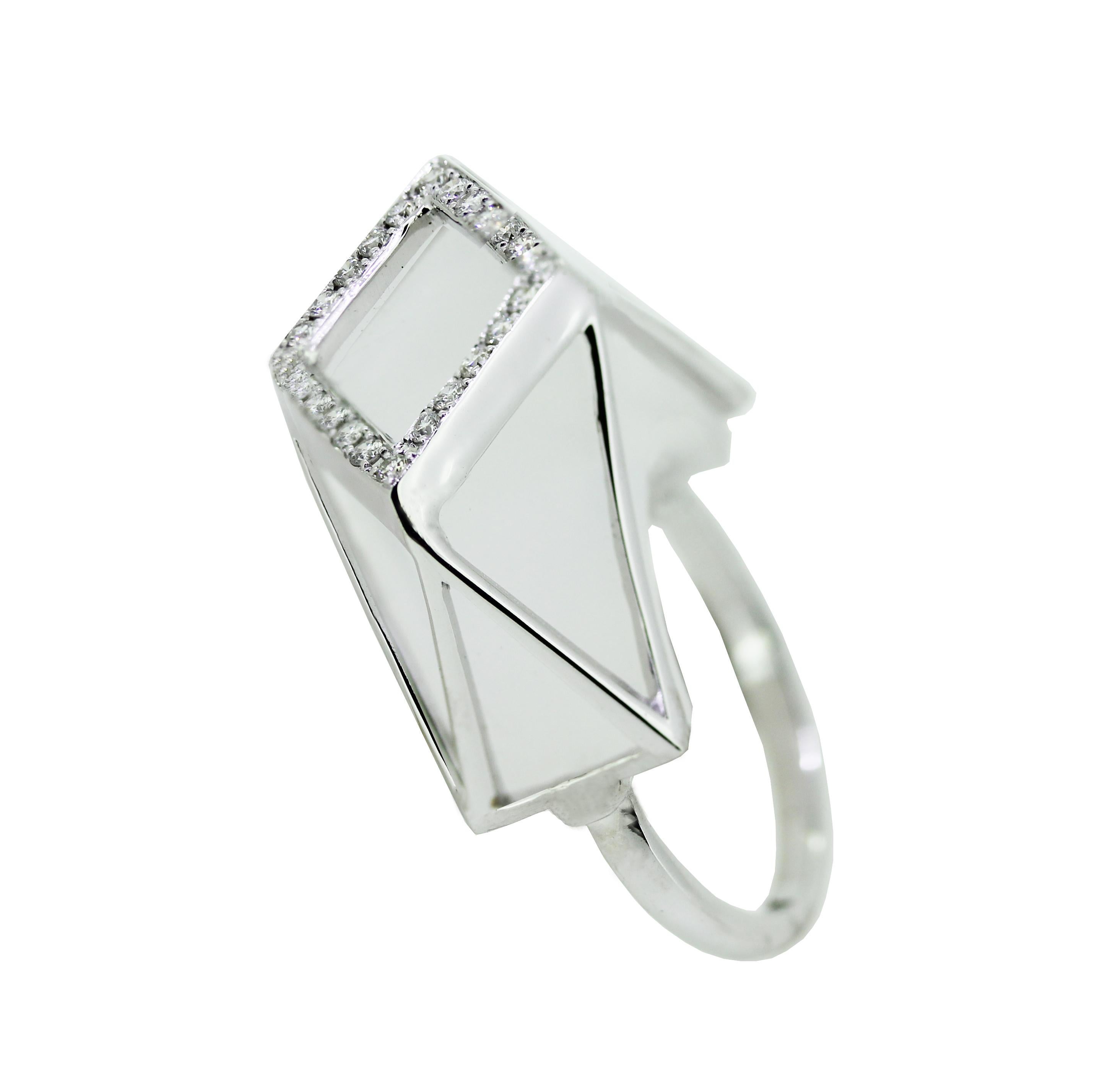 This modern handmade British-London Hallmarked 18 karat white gold ring, set with hand-carved abstract shape rock crystal and diamonds is from MAIKO NAGAYAMA's Haute Couture Collection called 