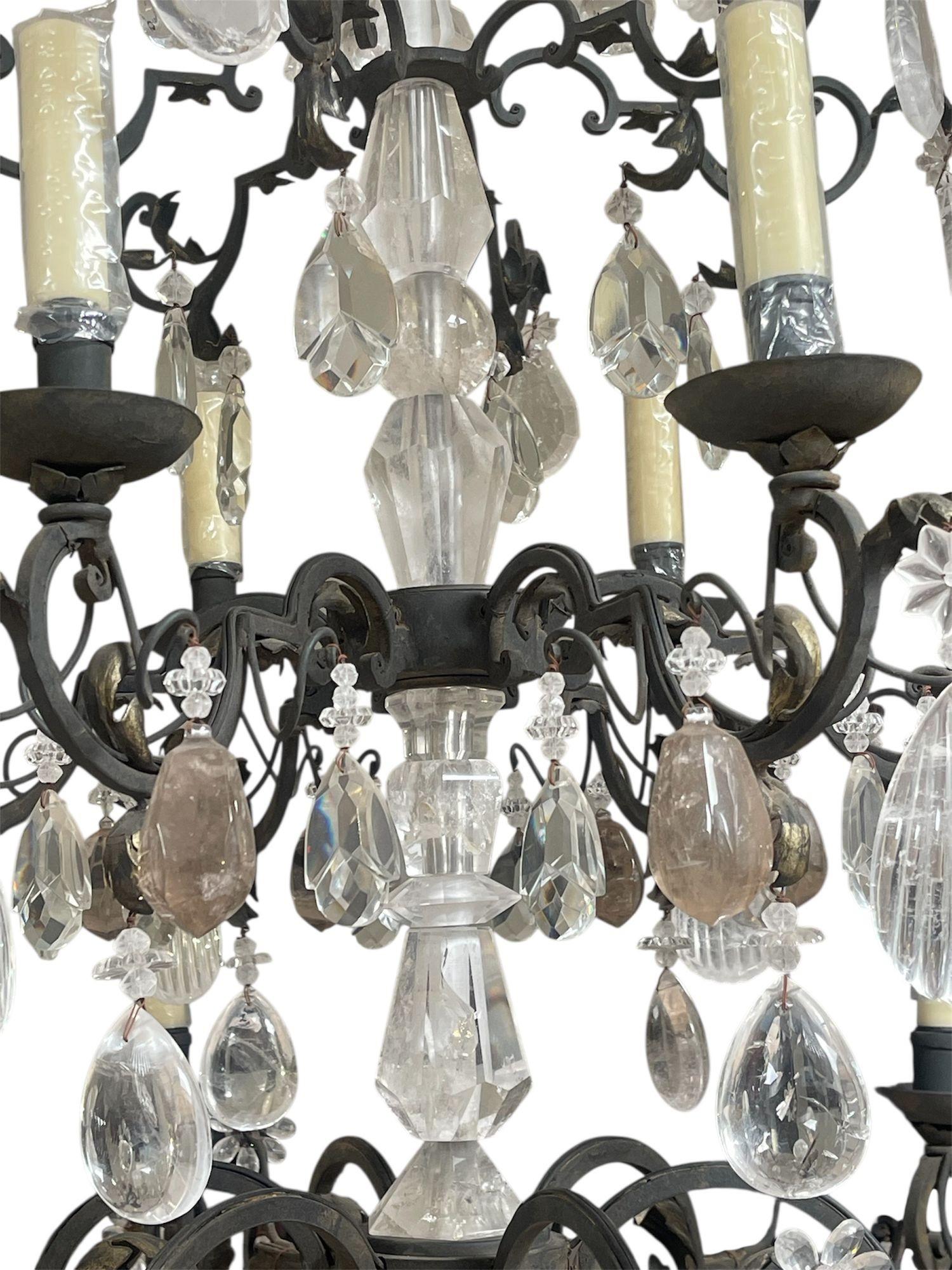 Hand-Carved Rock Crystal and Wrought Iron Chandelier. U.S.A. Late 20th Century. In Excellent Condition For Sale In Los Angeles, CA