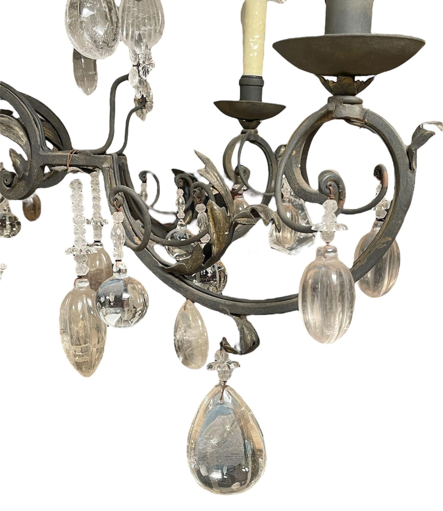 Hand-Carved Rock Crystal and Wrought Iron Chandelier. U.S.A. Late 20th Century. For Sale 1