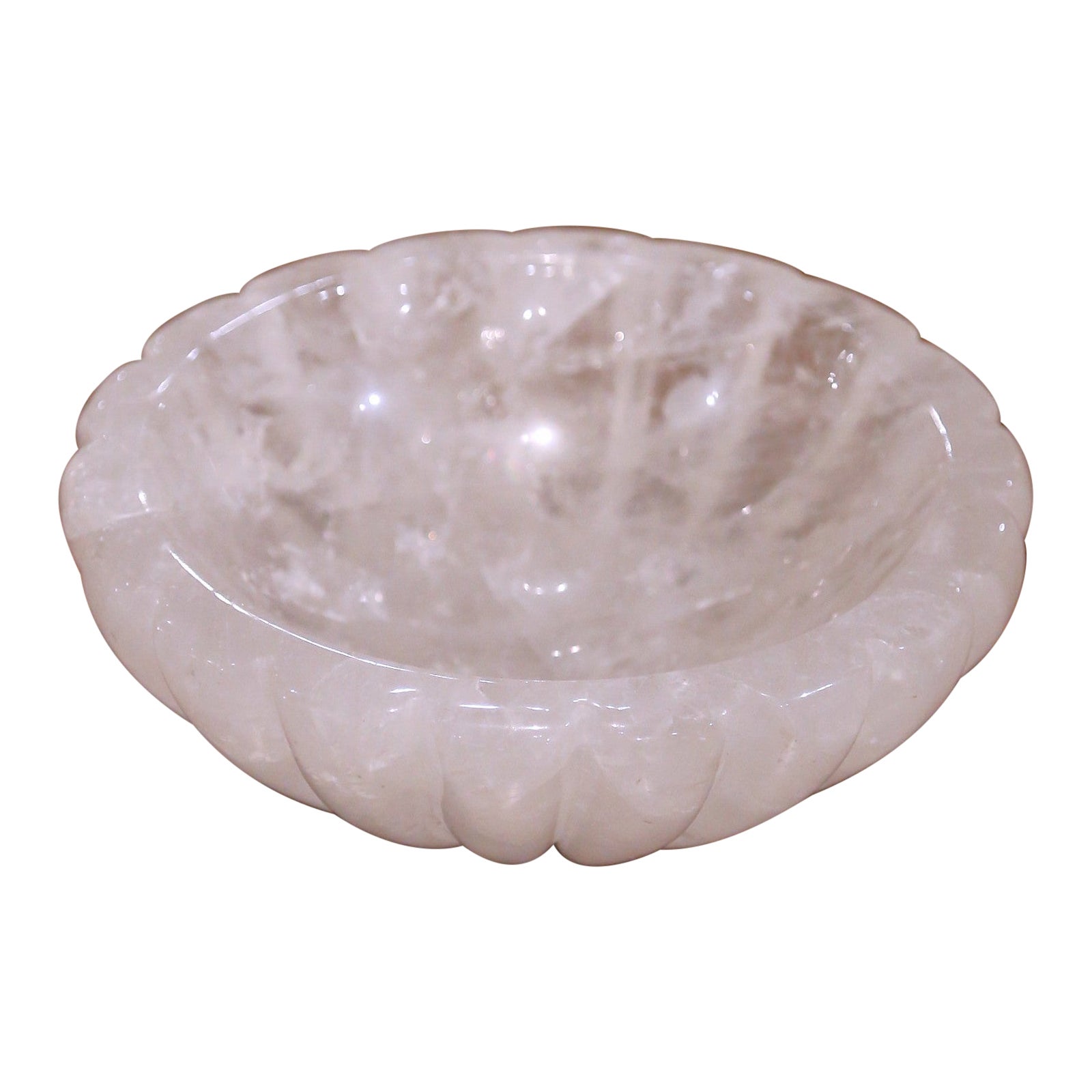 Hand-Carved Rock Crystal Bowl Vide-Poche from Brazil with Scalloped Design