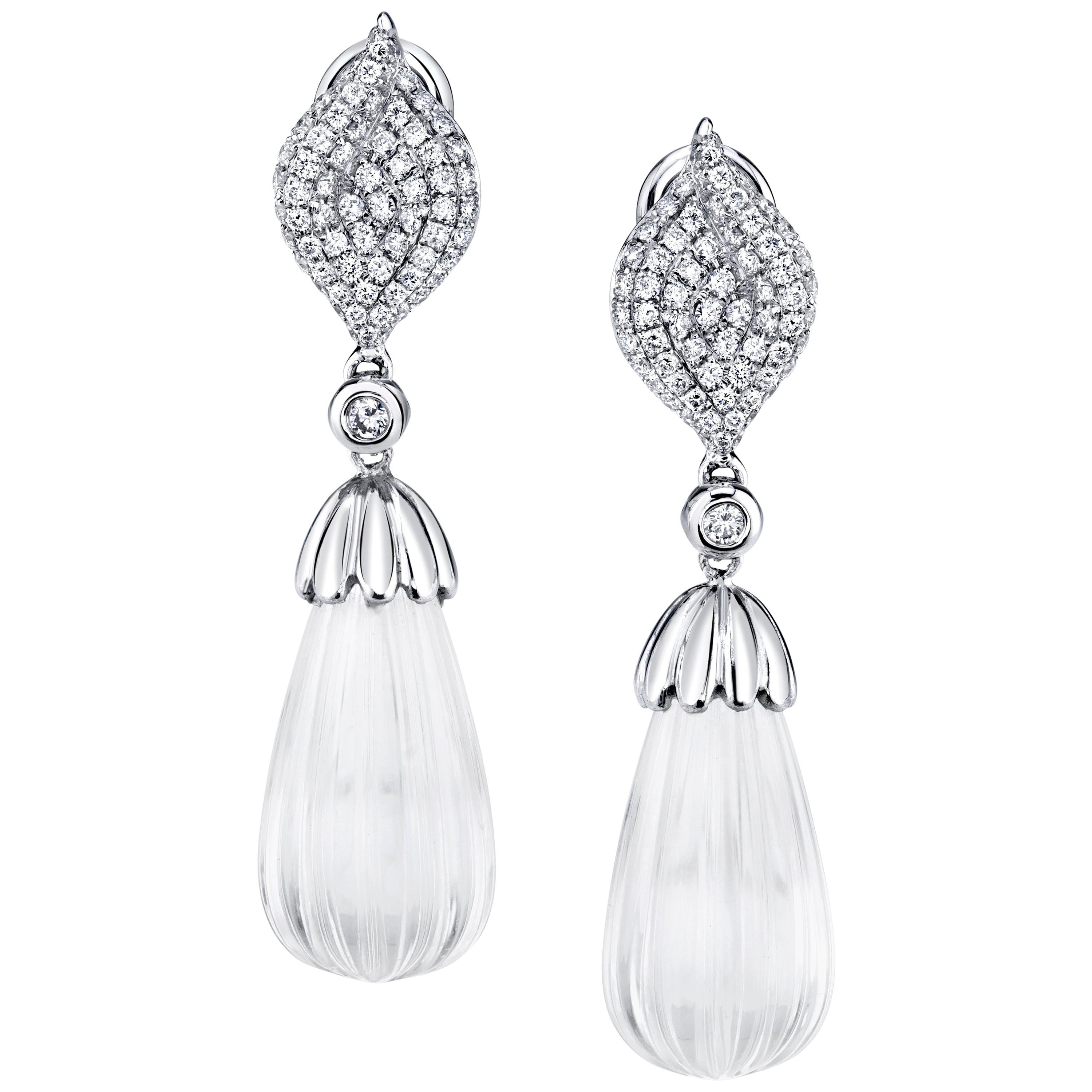 Hand Carved Rock Crystal, Diamond Pave White Gold Dangle Clip Post Earrings