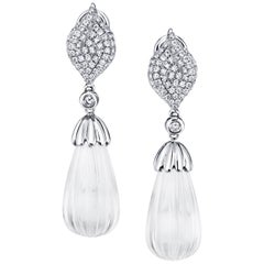 Hand Carved Rock Crystal, Diamond Pave White Gold Dangle Clip Post Earrings