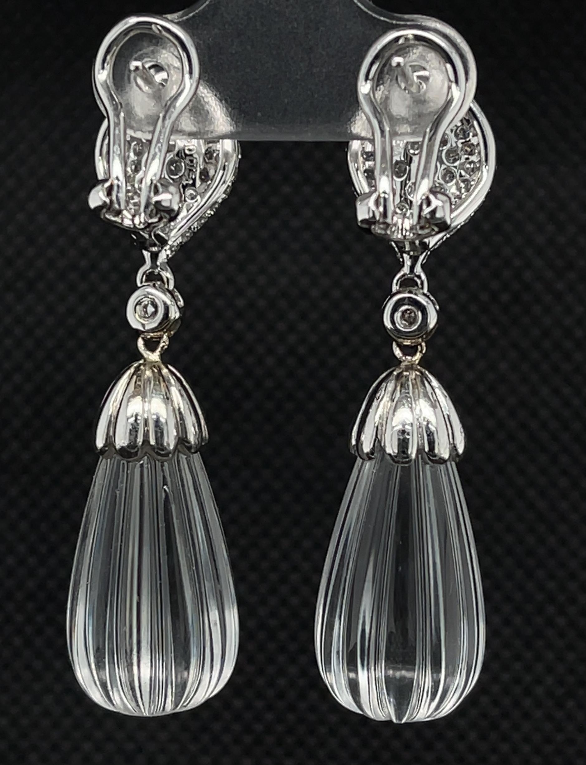 Briolette Cut Hand Carved Rock Crystal, Diamond Pave White Gold Dangle Clip Post Earrings