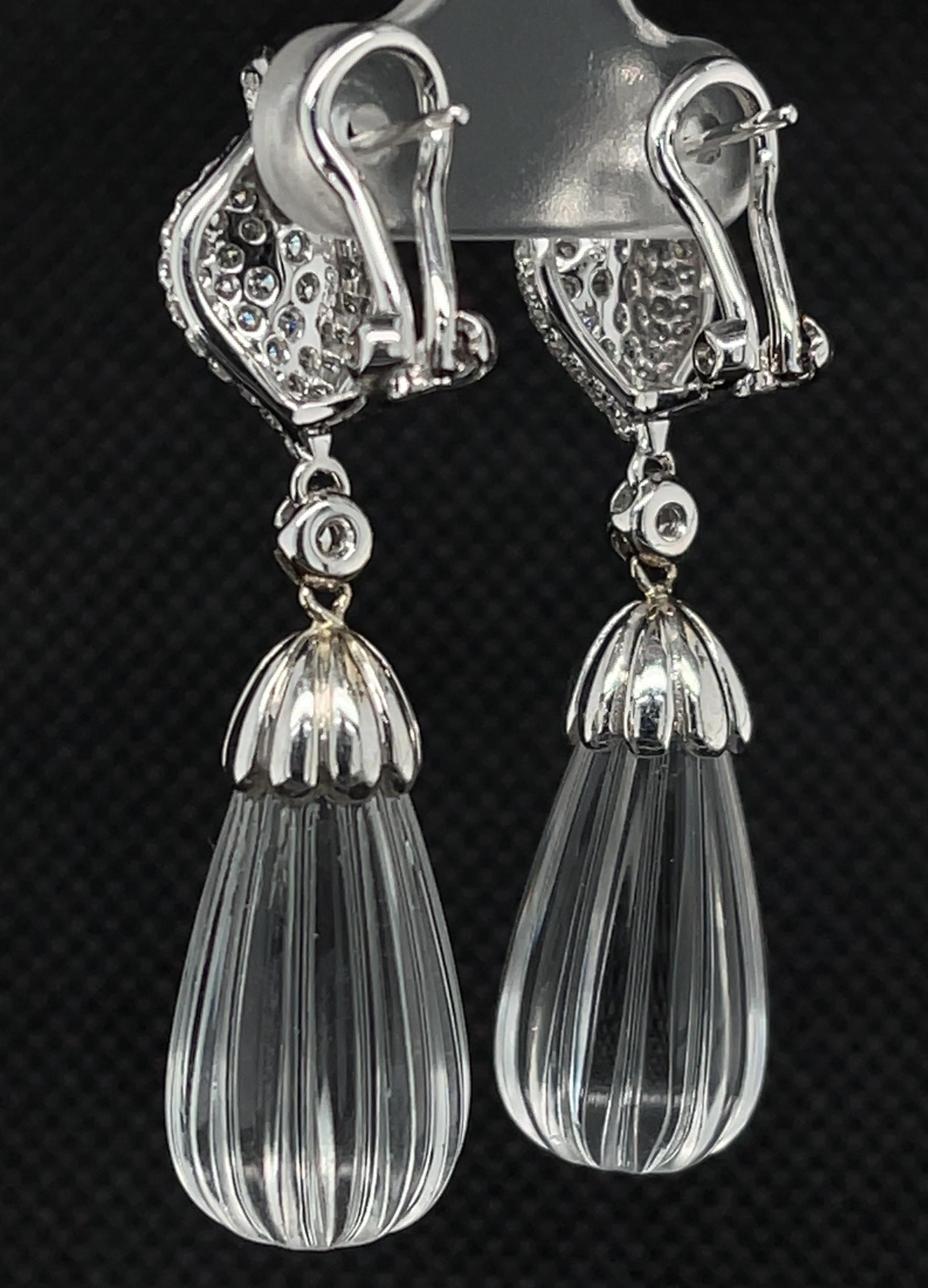 Hand Carved Rock Crystal, Diamond Pave White Gold Dangle Clip Post Earrings In New Condition In Los Angeles, CA