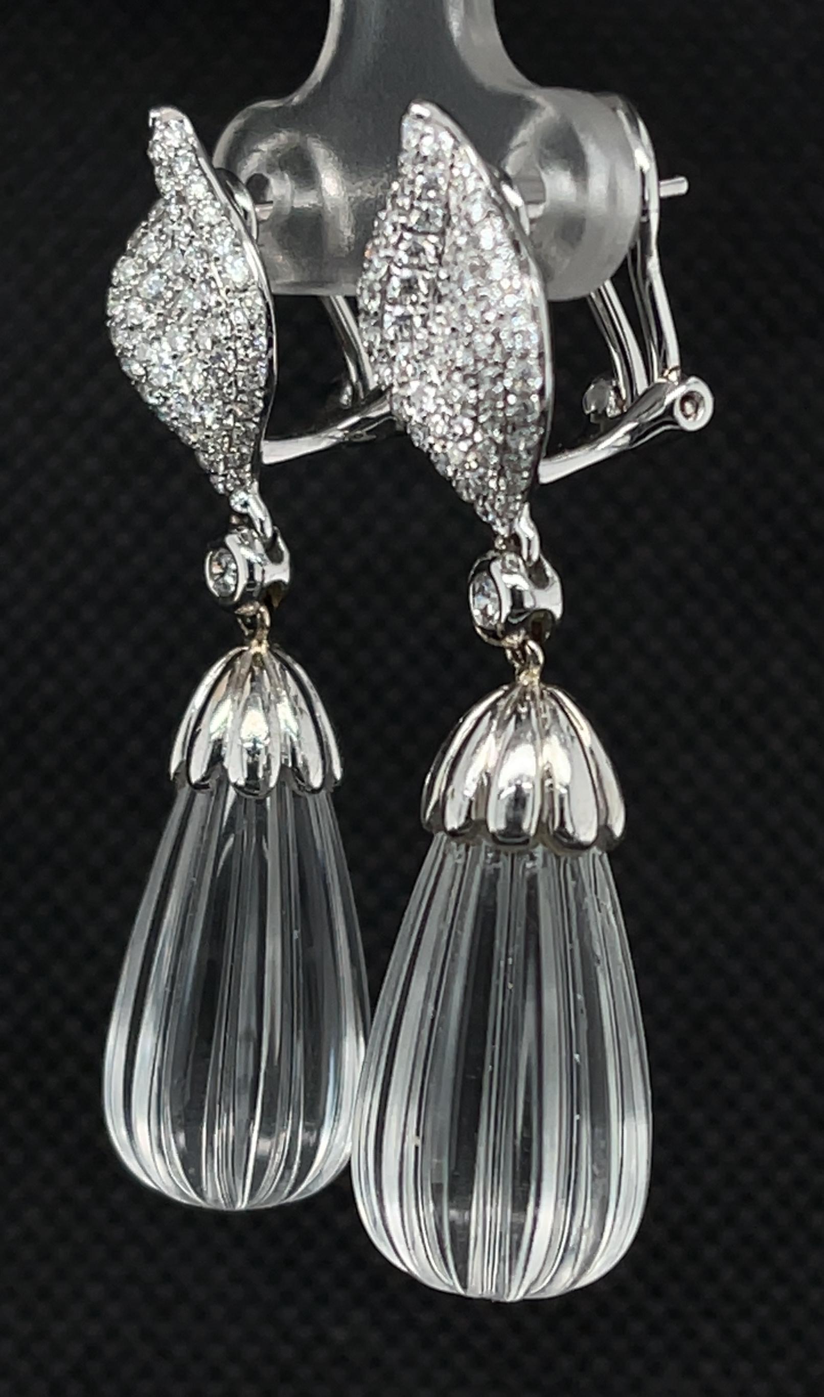 Hand Carved Rock Crystal, Diamond Pave White Gold Dangle Clip Post Earrings 1