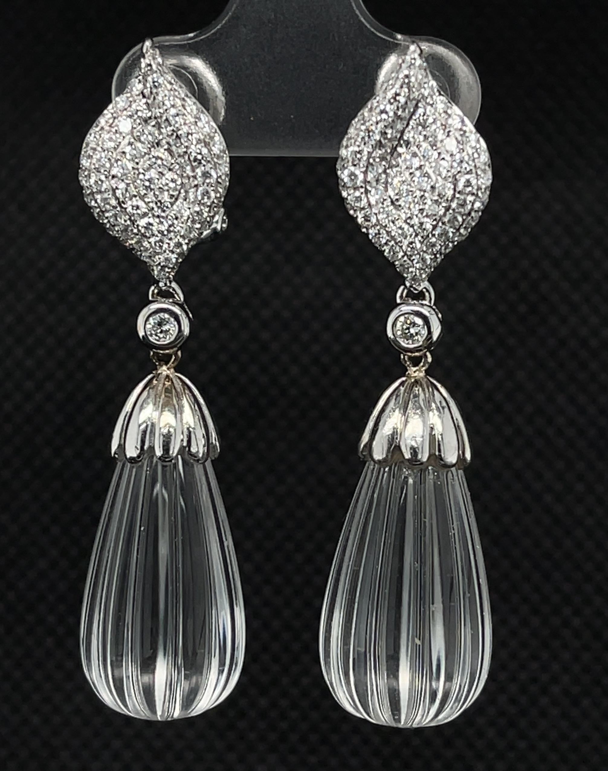 Hand Carved Rock Crystal, Diamond Pave White Gold Dangle Clip Post Earrings 2