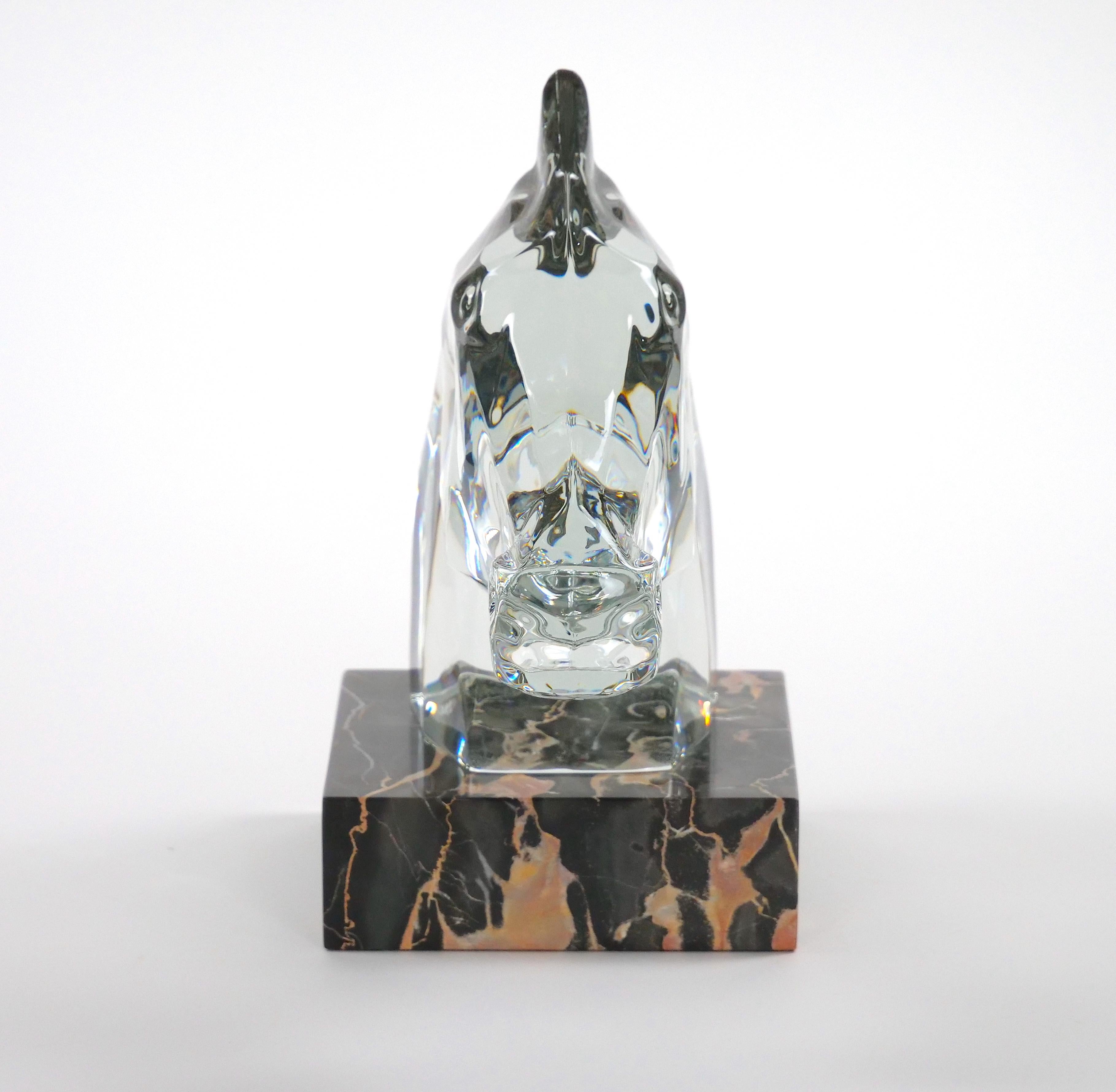 Mid-Century Modern Hand-Carved Rock Crystal Equo Case  Horse Head / Marble Base Sculpture For Sale