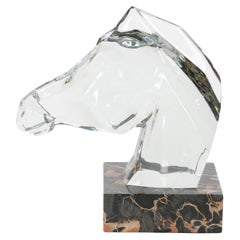 Hand-Carved Rock Crystal Equo Case  Horse Head / Marble Base Sculpture