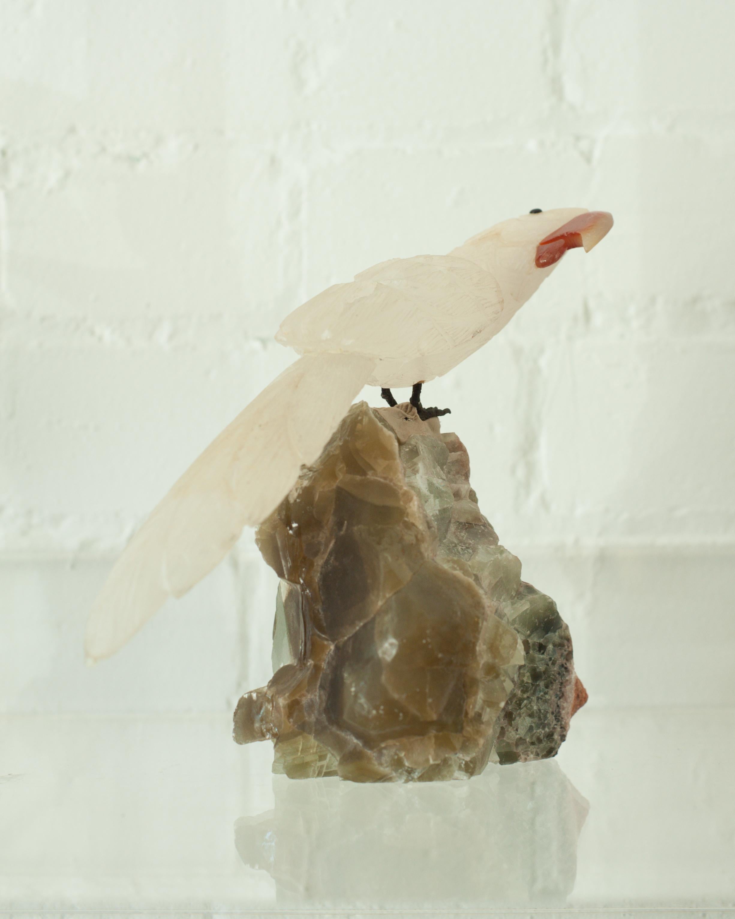 Hand-Carved Hand Carved Rock Crystal Parrot on a Stone Base
