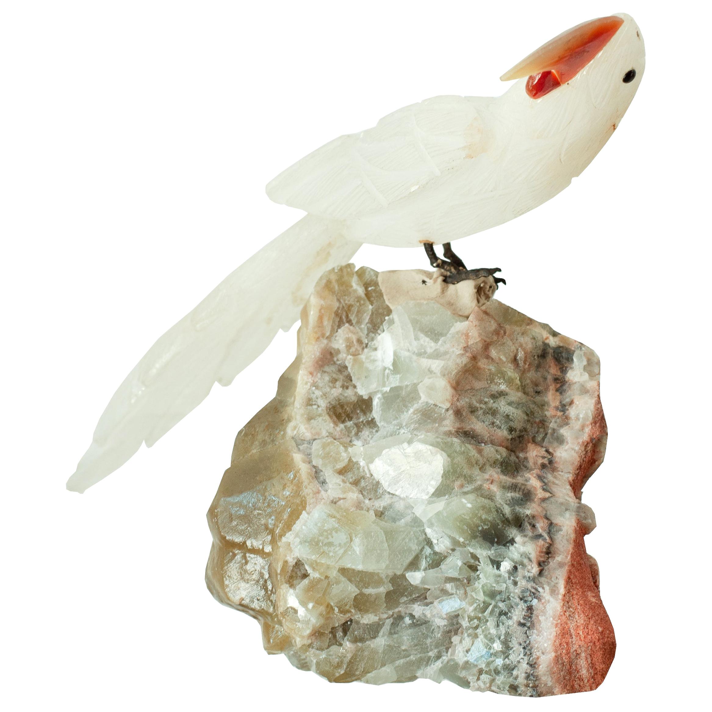 Hand Carved Rock Crystal Parrot on a Stone Base